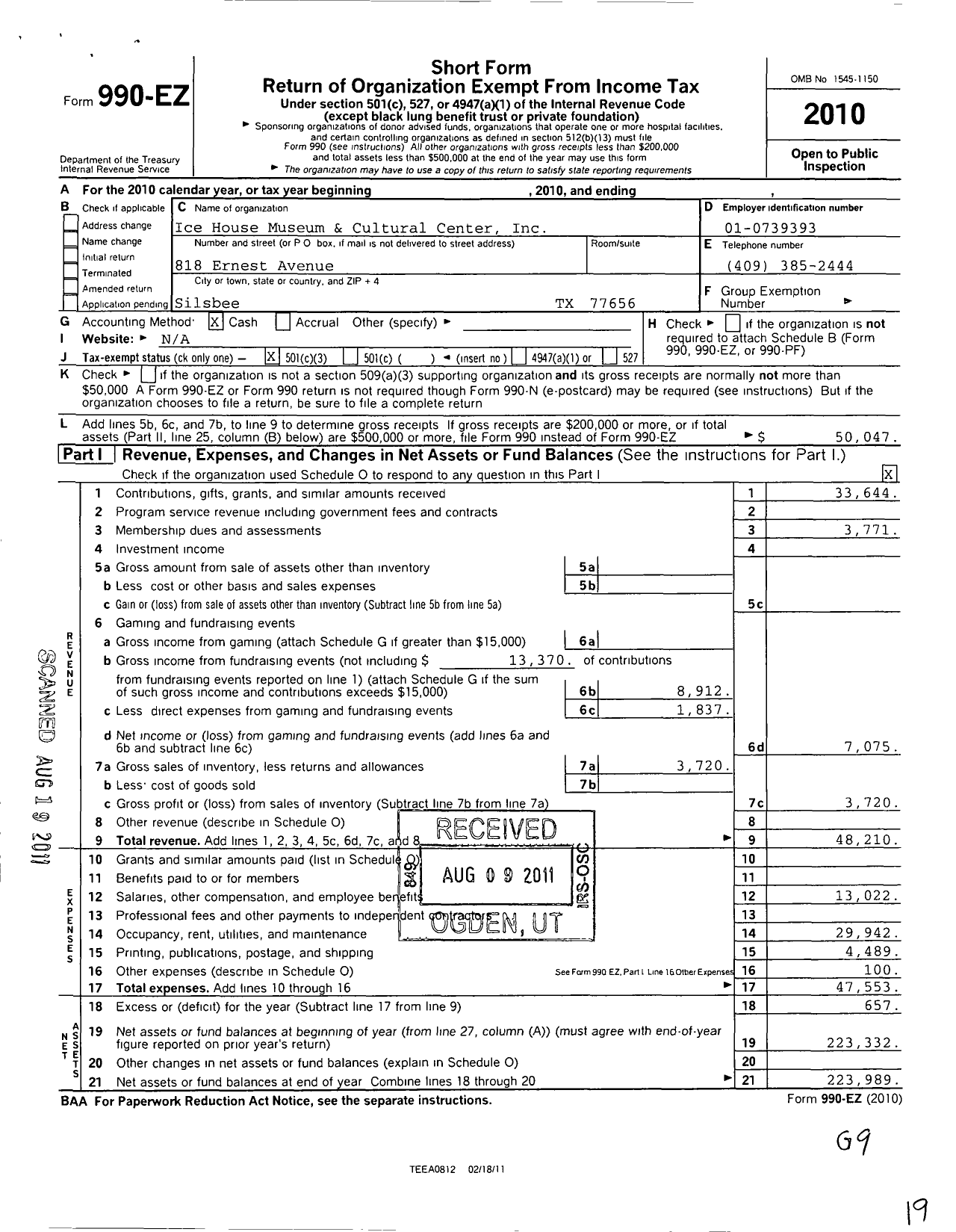 Image of first page of 2010 Form 990EZ for Ice House Museum and Cultural Center