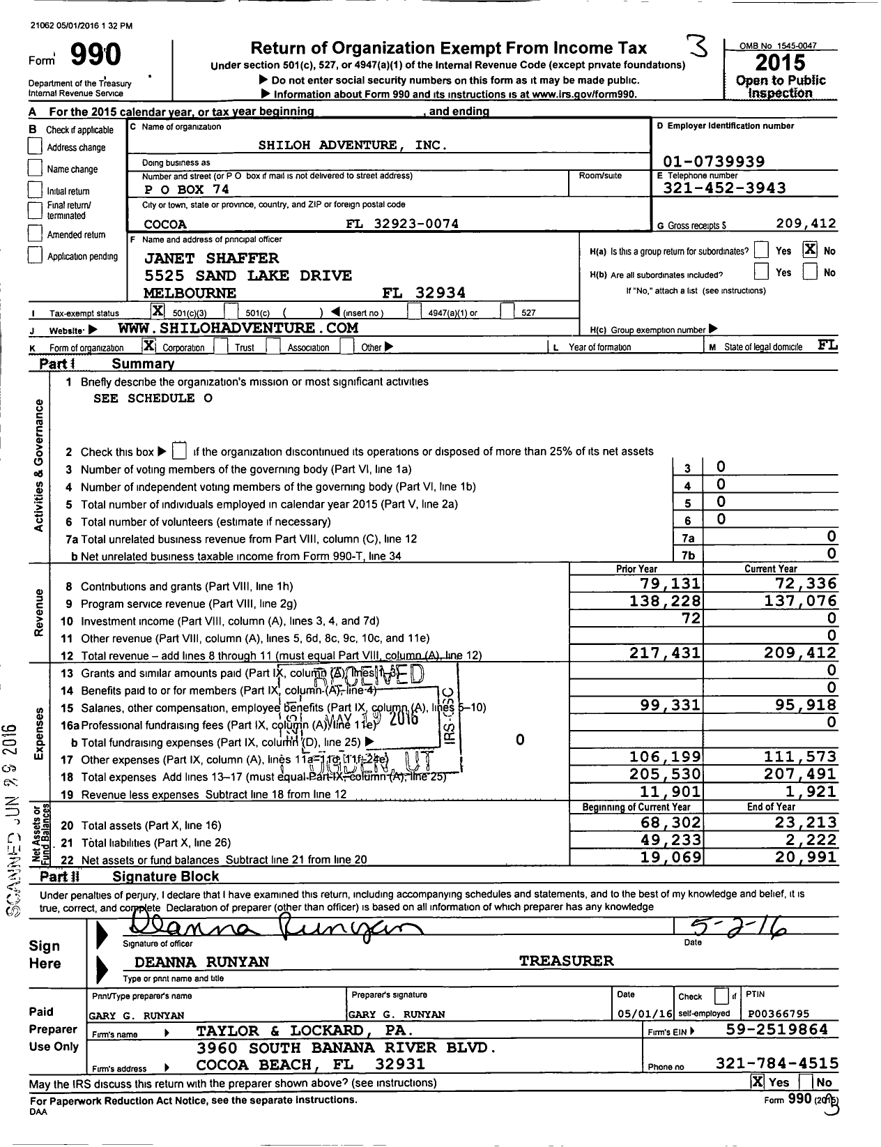 Image of first page of 2015 Form 990 for Shiloh Adventure