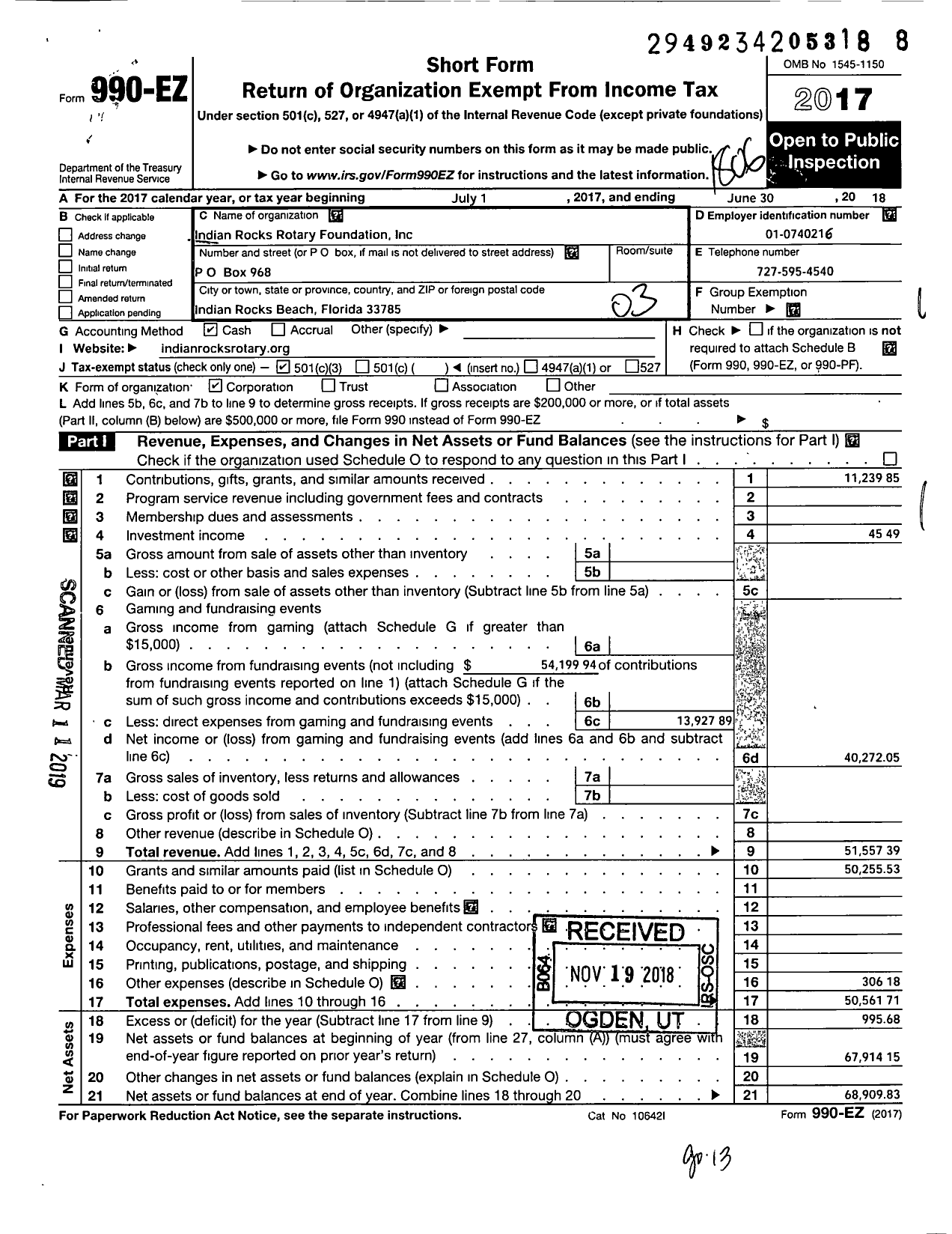 Image of first page of 2017 Form 990EZ for Indian Rocks Rotary Foundation