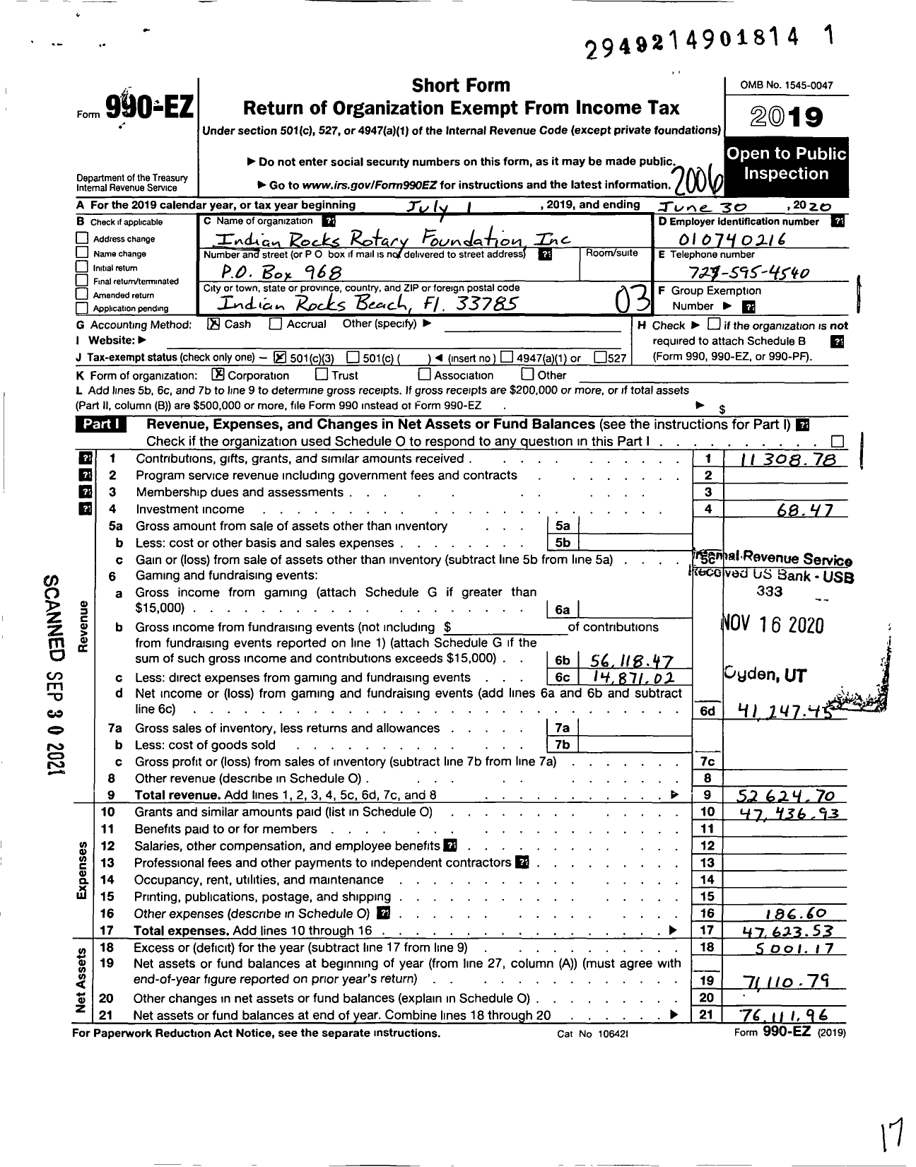 Image of first page of 2019 Form 990EZ for Indian Rocks Rotary Foundation