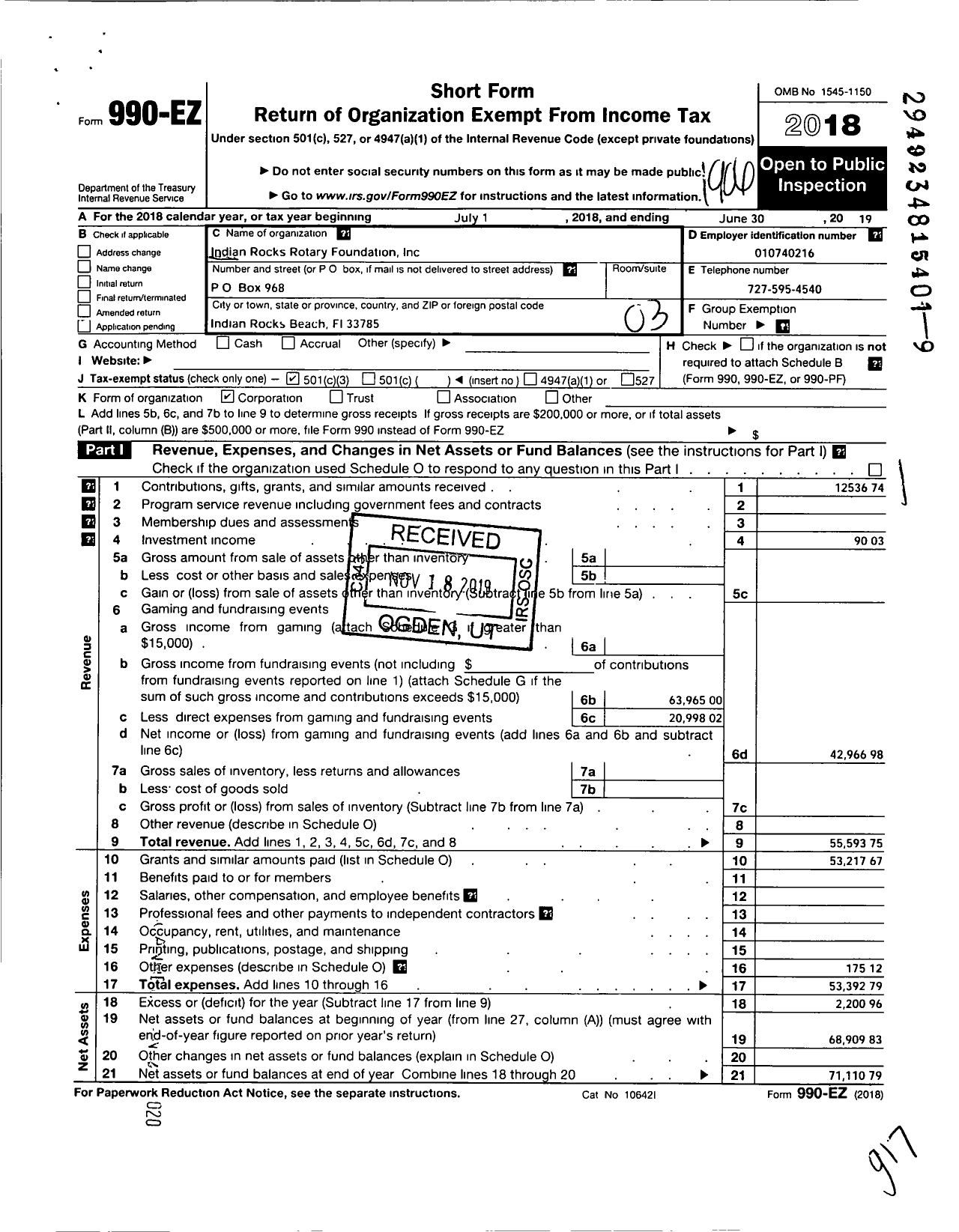 Image of first page of 2018 Form 990EZ for Indian Rocks Rotary Foundation