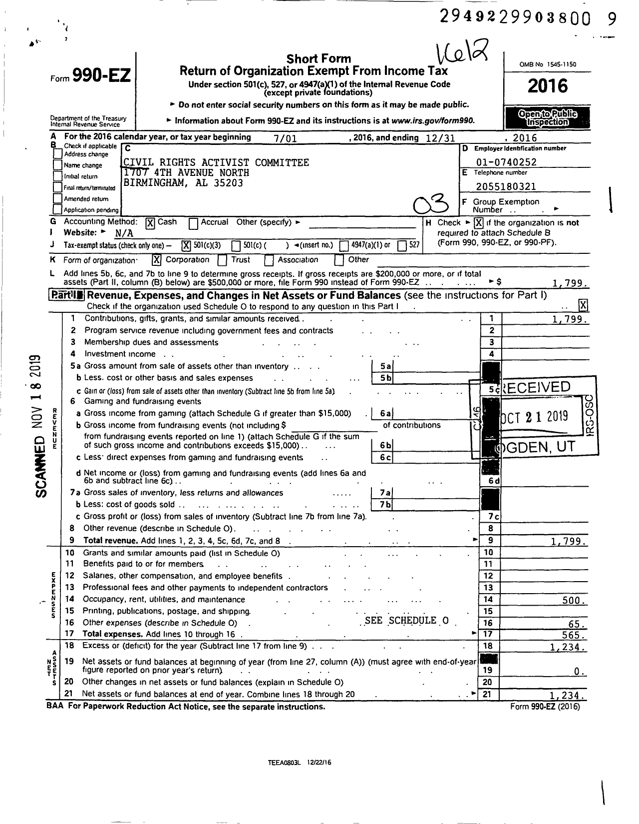 Image of first page of 2016 Form 990EZ for Civil Rights Activist Committee