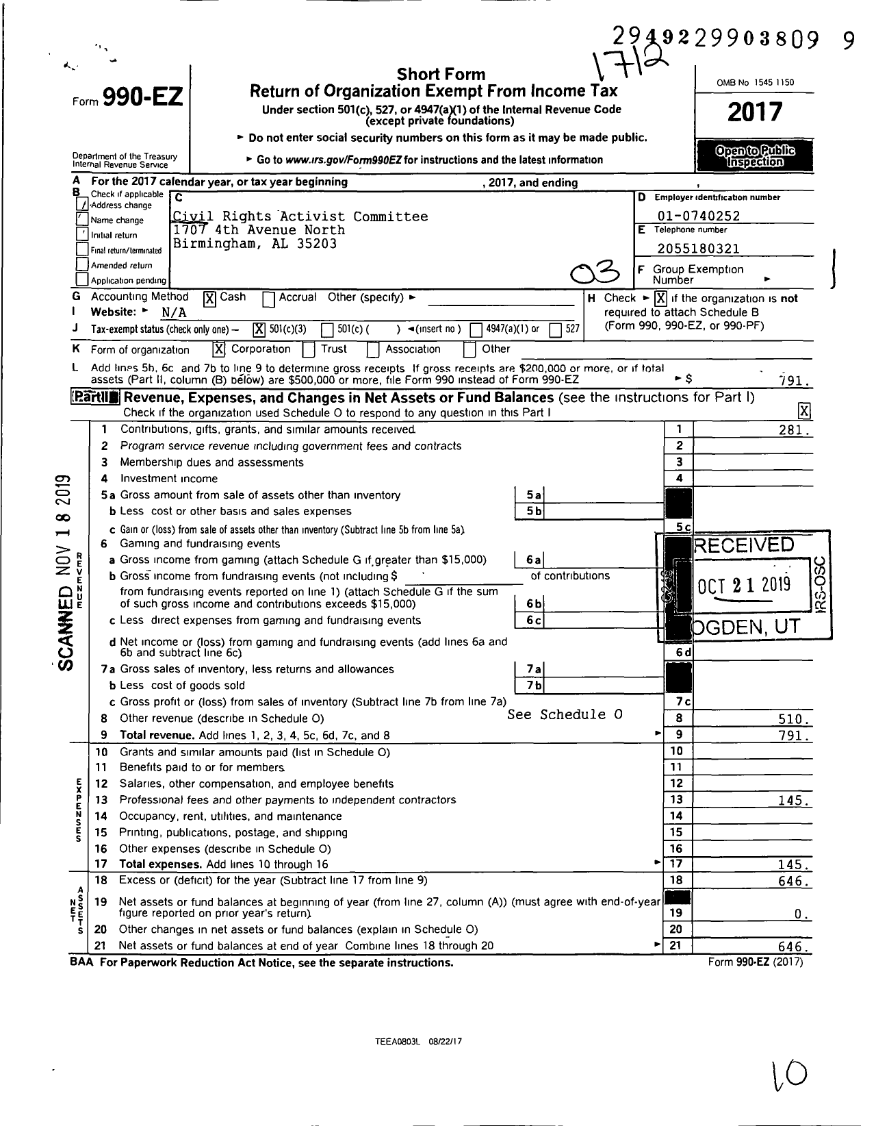 Image of first page of 2017 Form 990EZ for Civil Rights Activist Committee