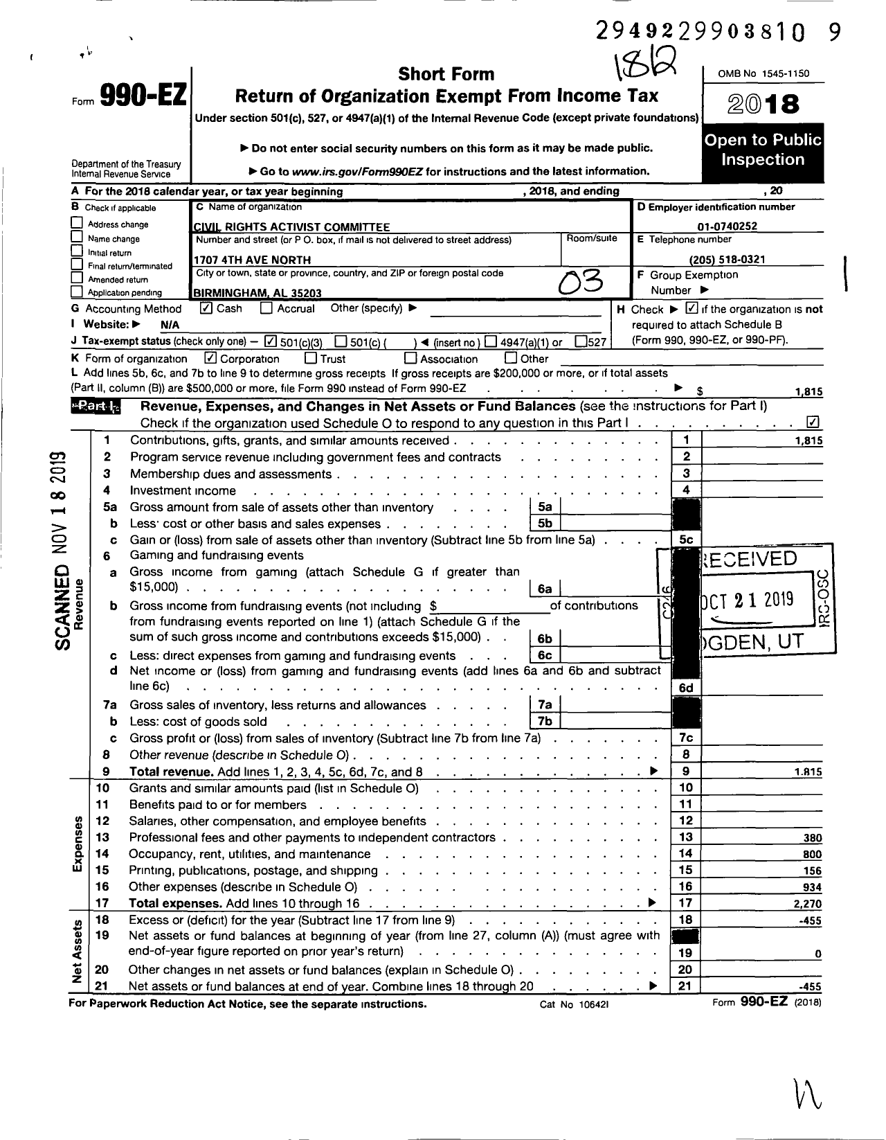 Image of first page of 2018 Form 990EZ for Civil Rights Activist Committee