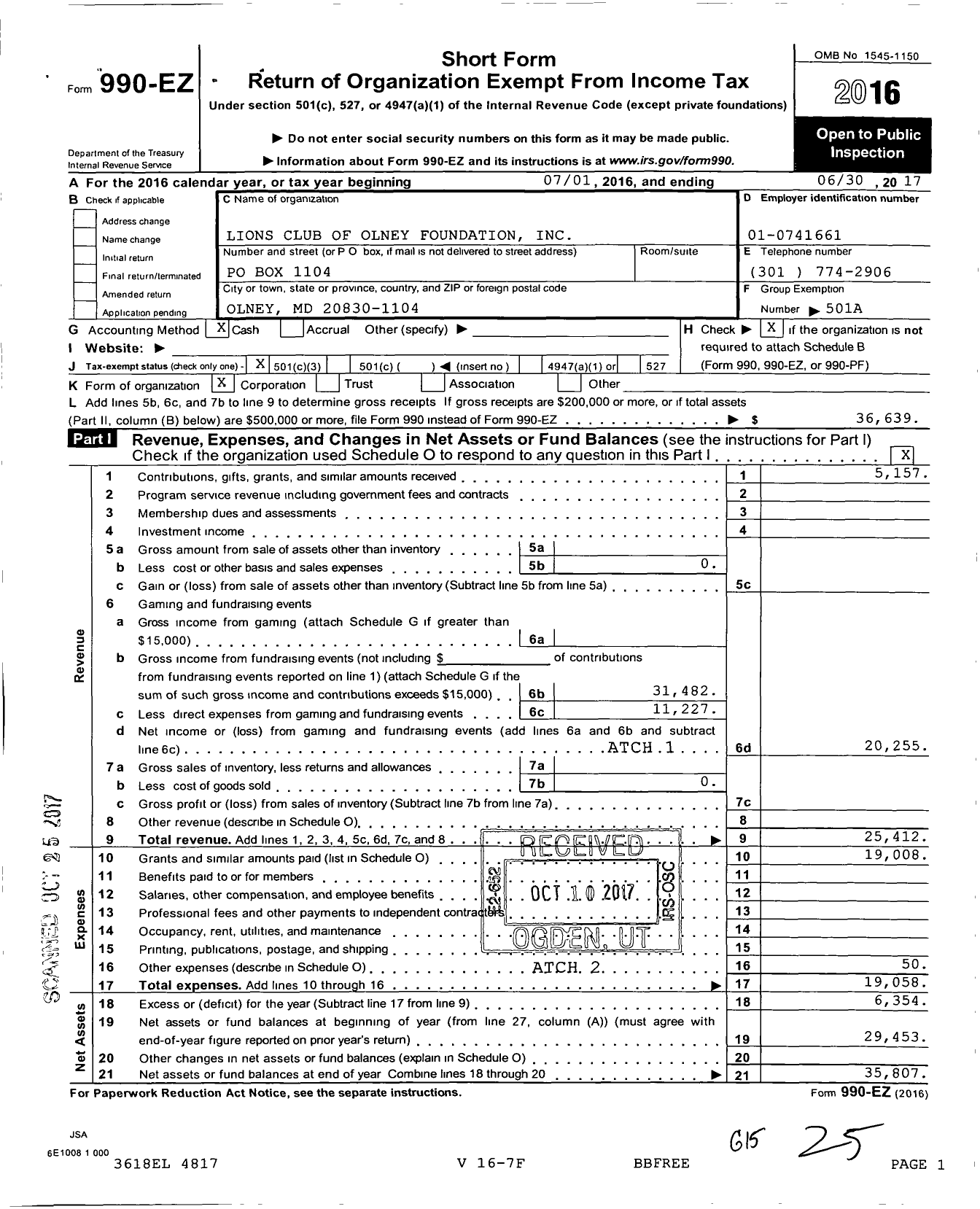 Image of first page of 2016 Form 990EZ for Lions Club of Olney Foundation