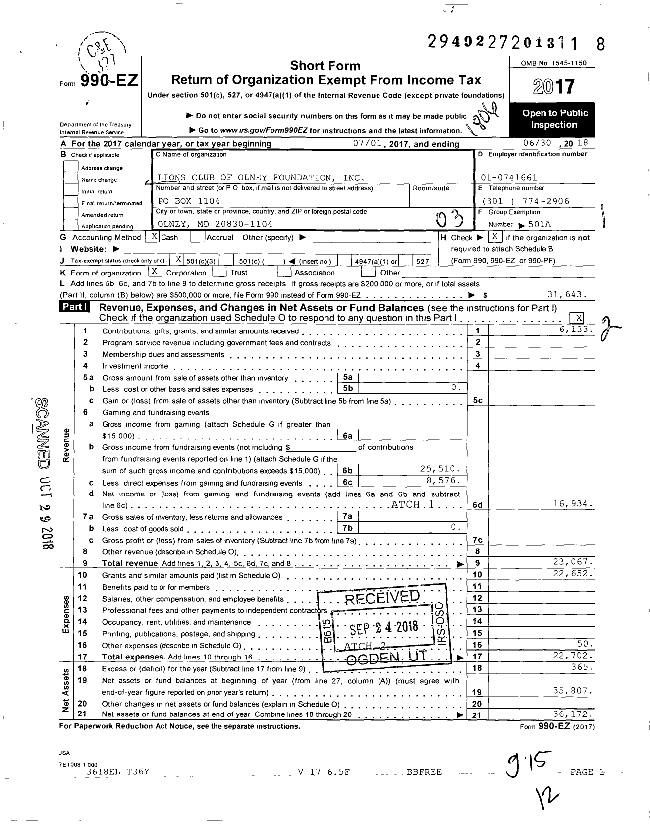 Image of first page of 2017 Form 990EZ for Lions Club of Olney Foundation