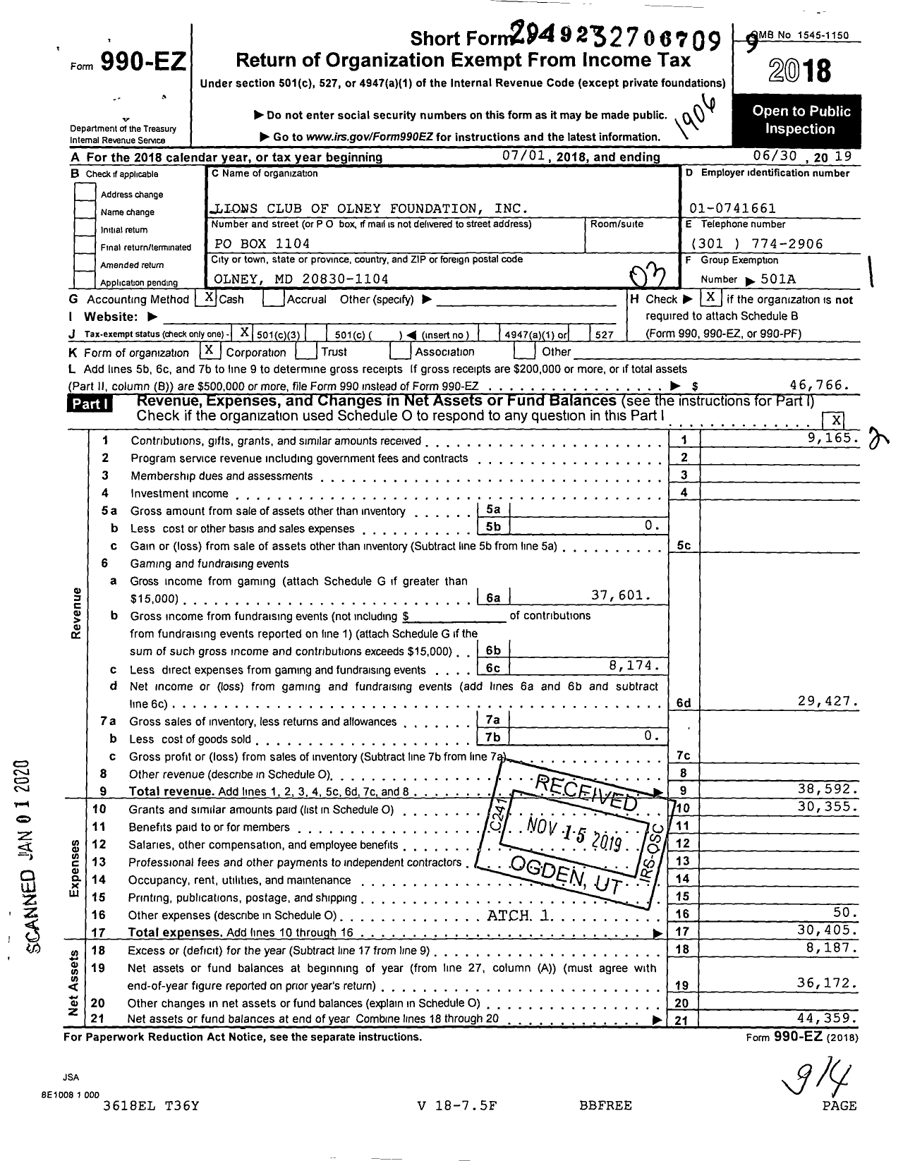 Image of first page of 2018 Form 990EZ for Lions Club of Olney Foundation