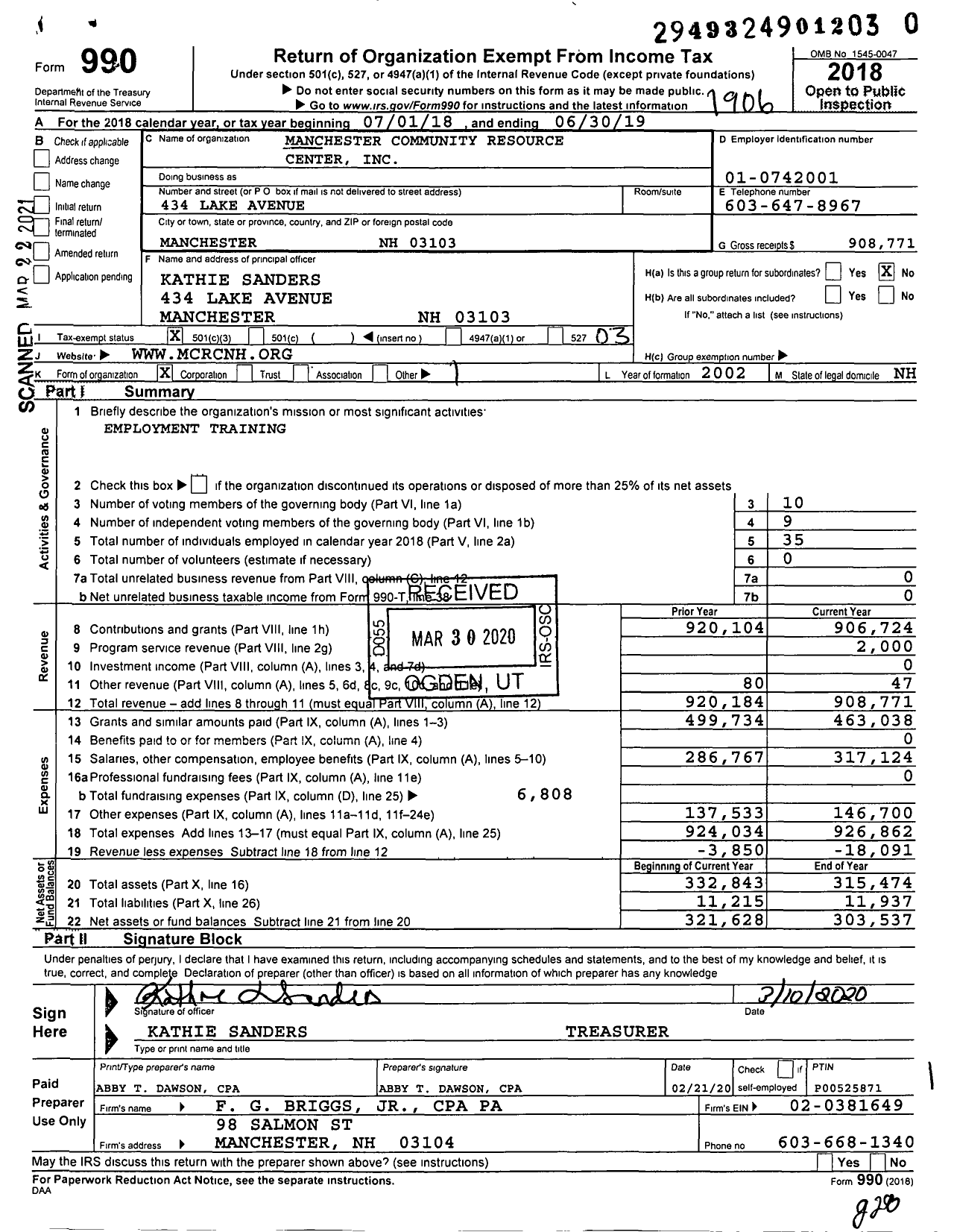 Image of first page of 2018 Form 990 for Manchester Community Resource Center