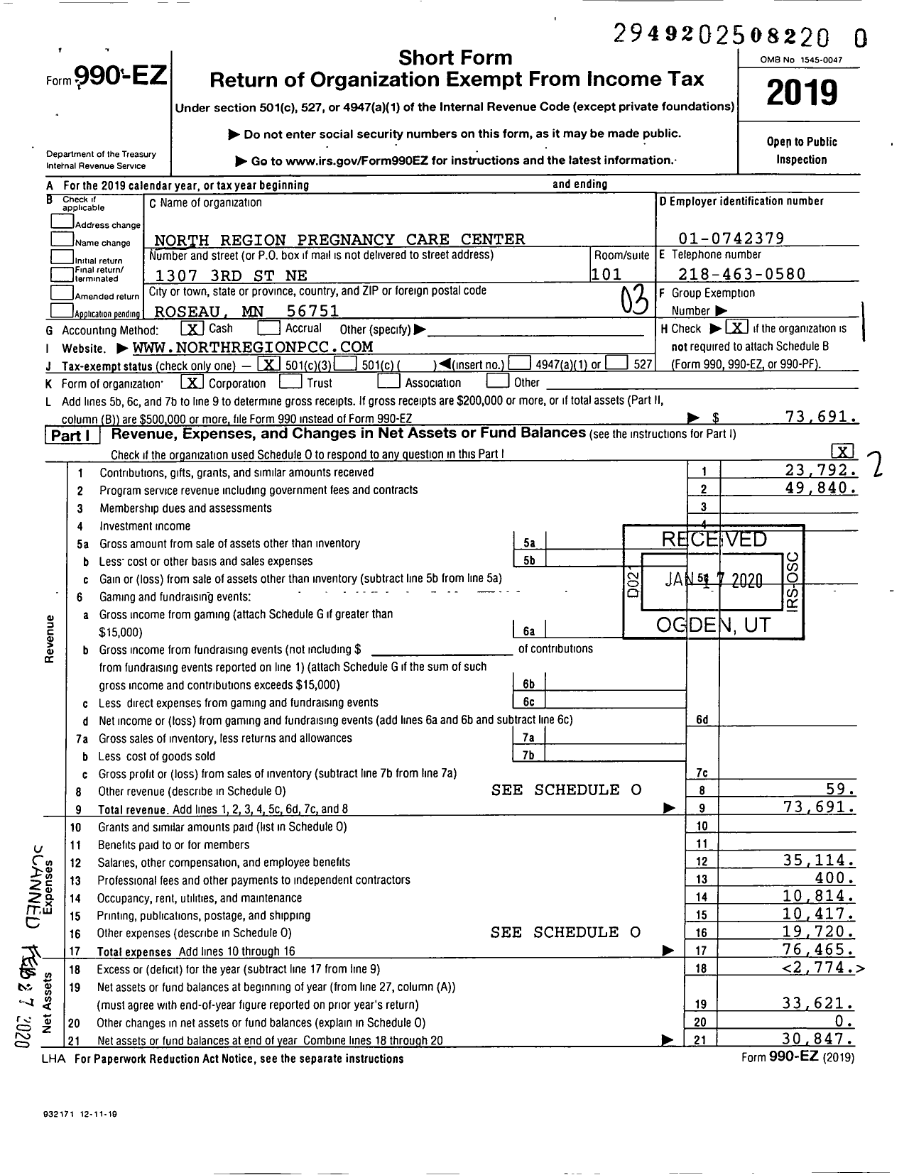 Image of first page of 2019 Form 990EZ for North Region Pregnancy Care Center