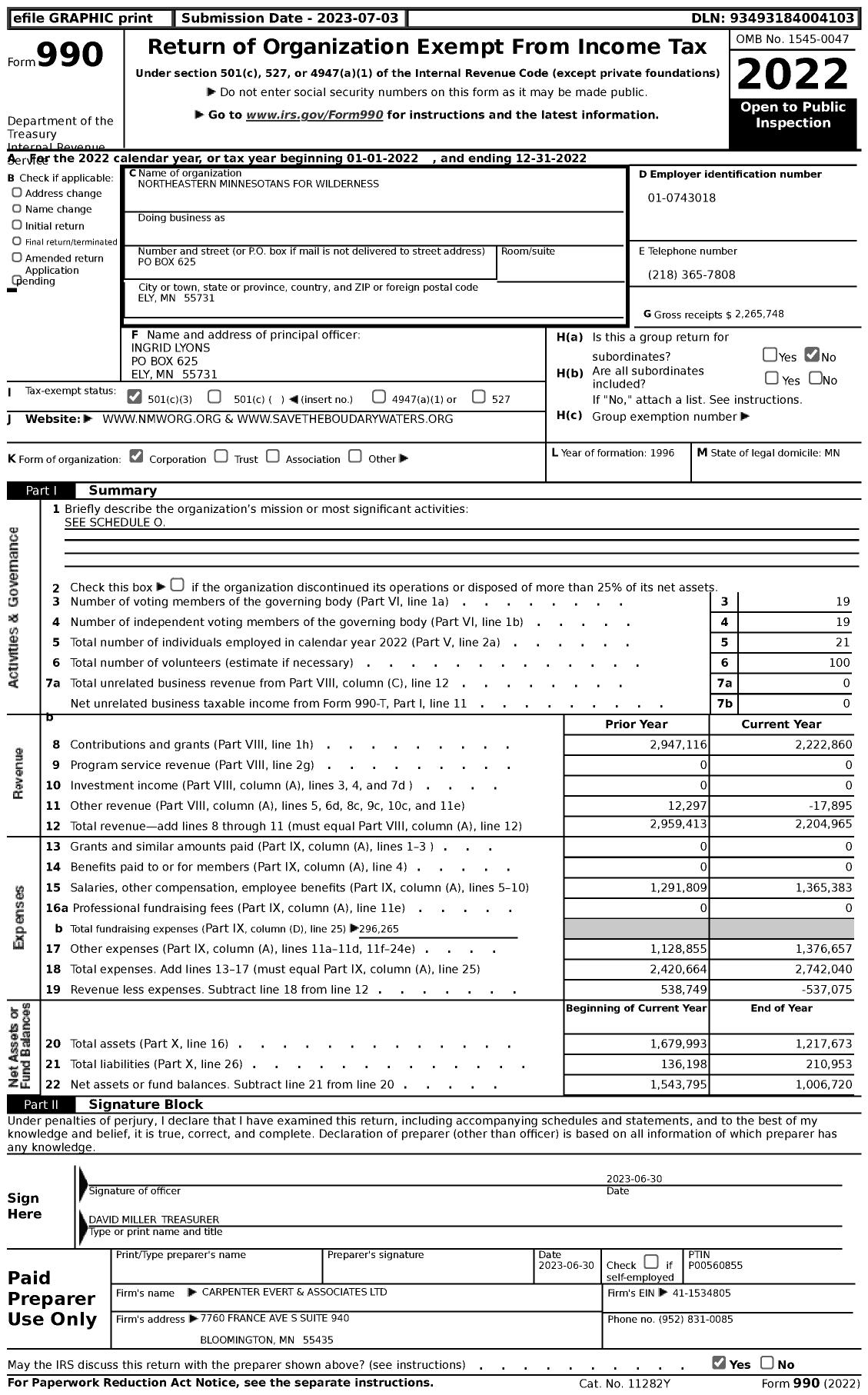 Image of first page of 2022 Form 990 for Northeastern Minnesotans for Wilderness