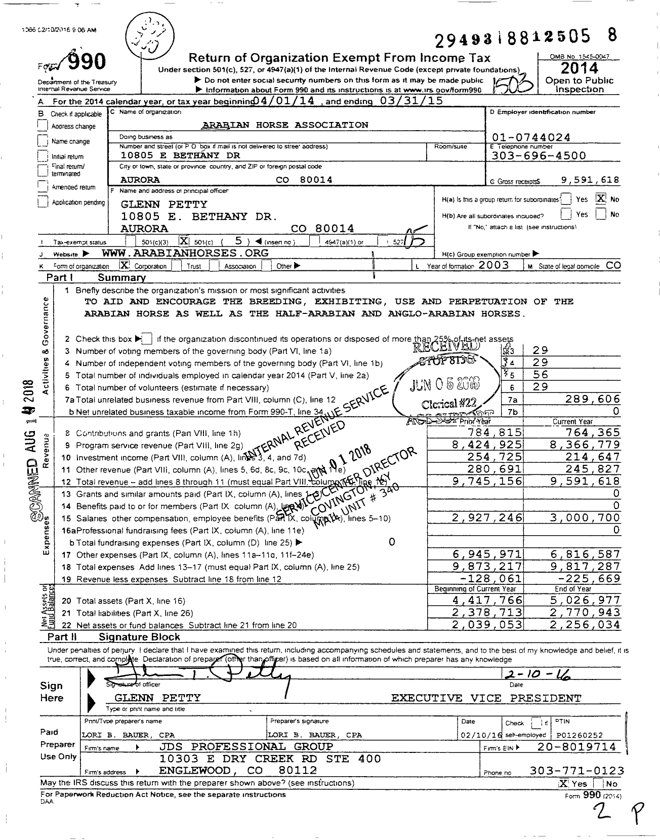 Image of first page of 2014 Form 990O for Arabian Horse Association (AHA)
