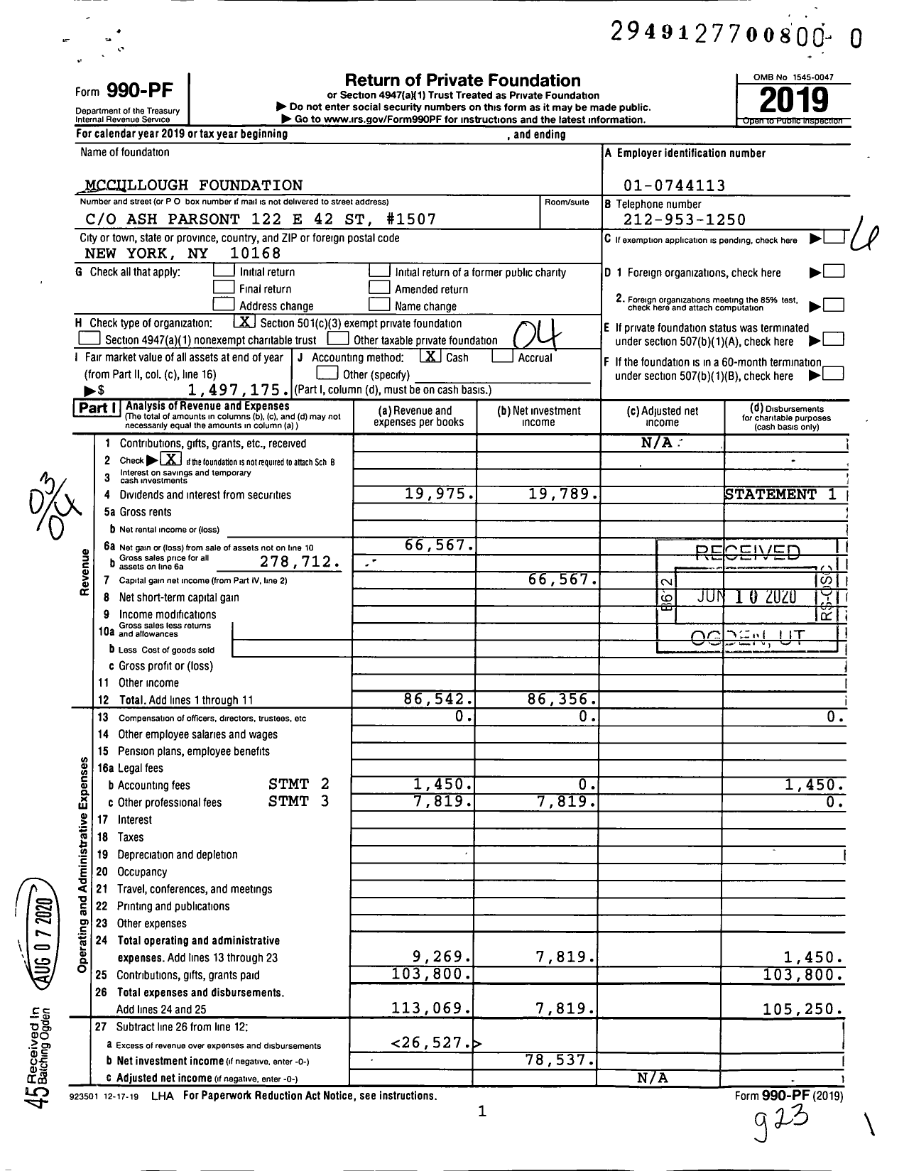 Image of first page of 2019 Form 990PF for Mccullough Foundation