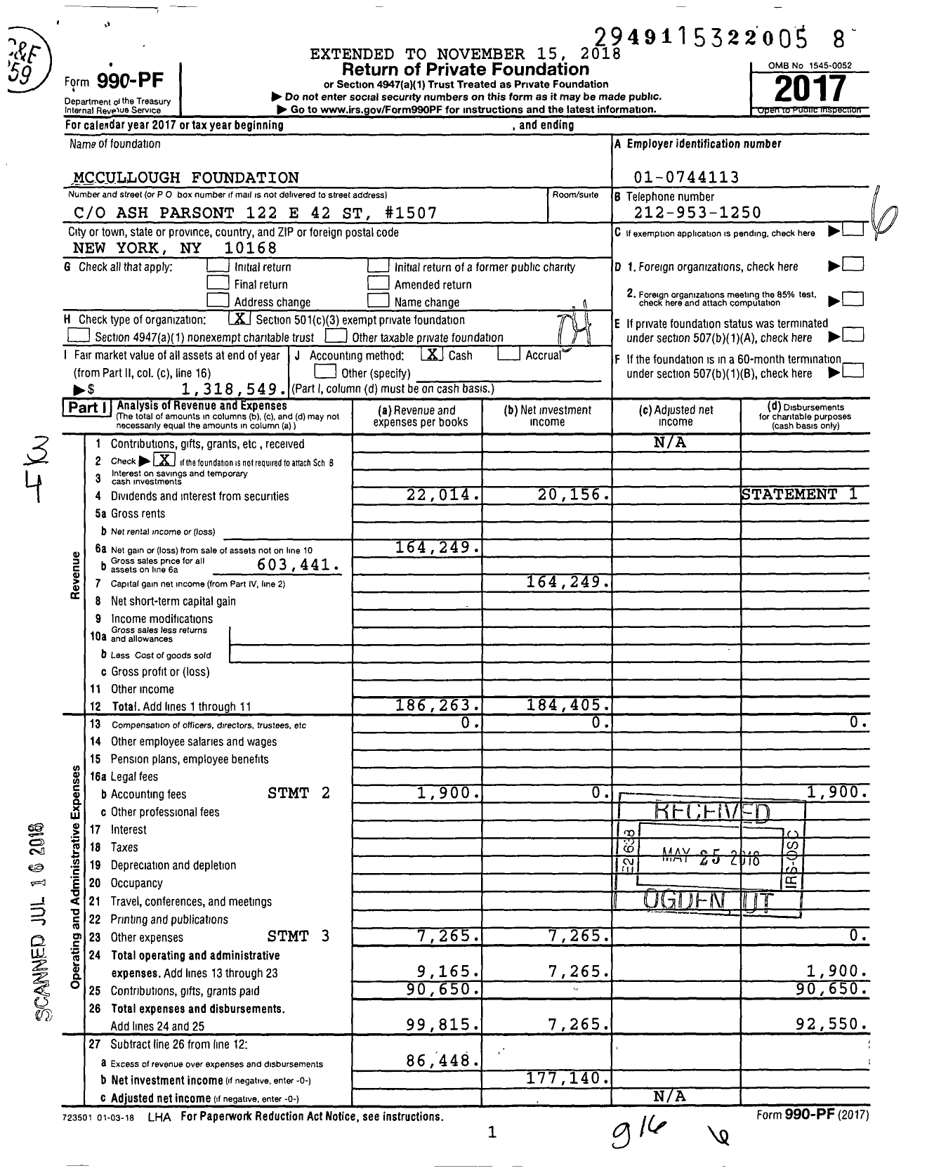 Image of first page of 2017 Form 990PF for Mccullough Foundation
