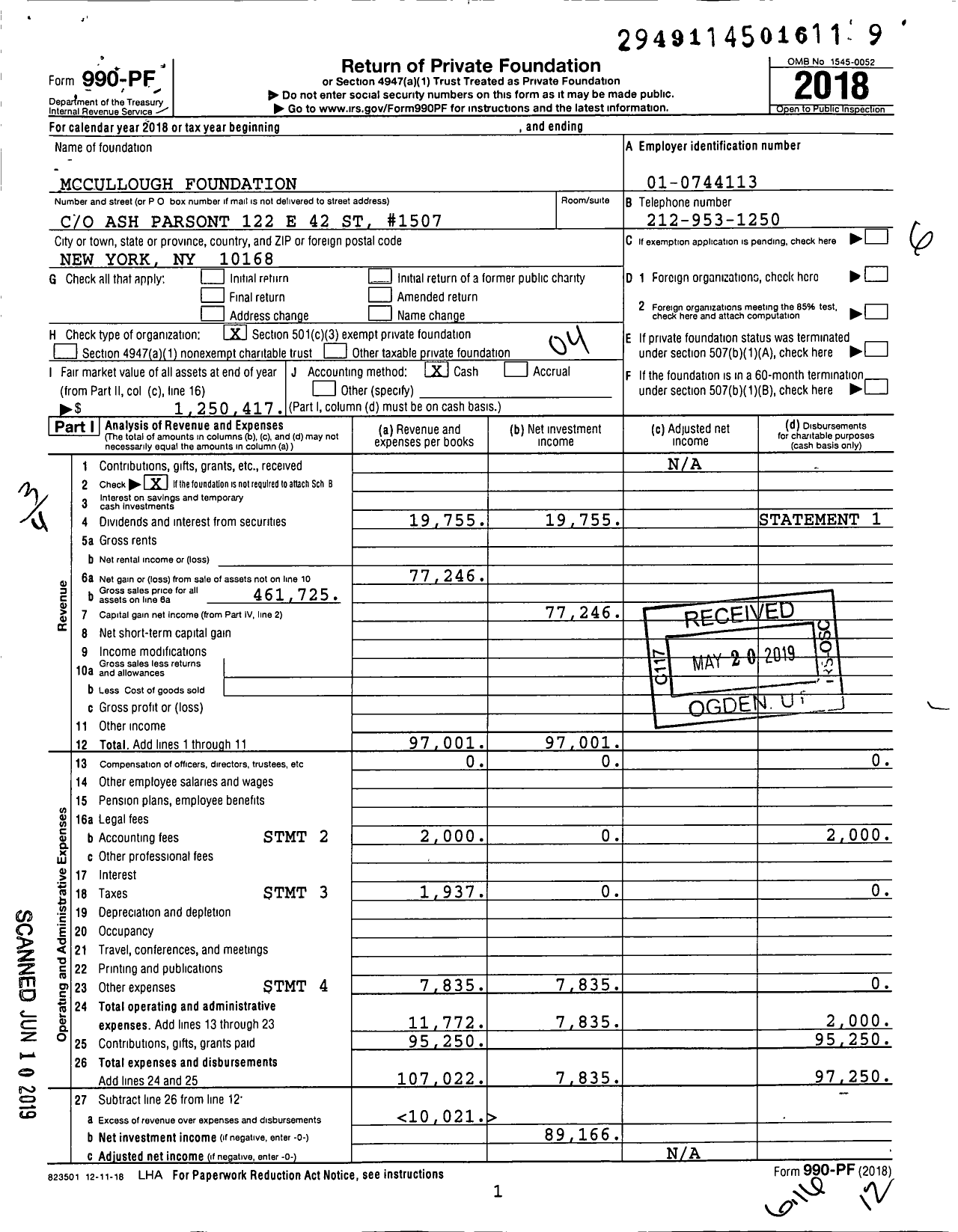 Image of first page of 2018 Form 990PF for Mccullough Foundation