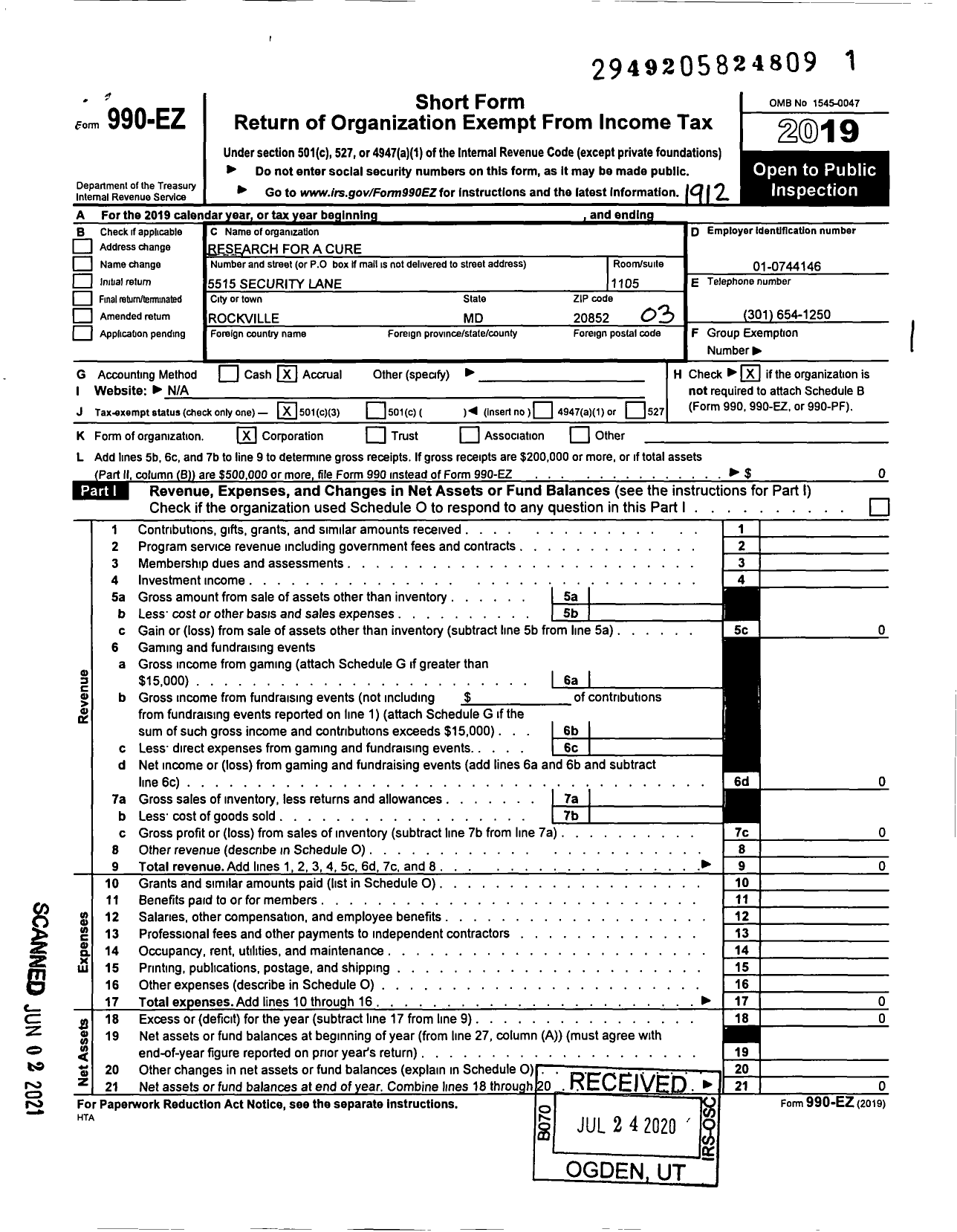 Image of first page of 2019 Form 990EZ for Research for A Cure