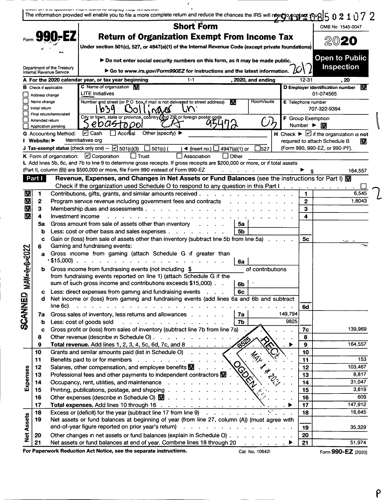 Image of first page of 2020 Form 990EZ for Community Bikes Zero Waste Action - Sonoma County