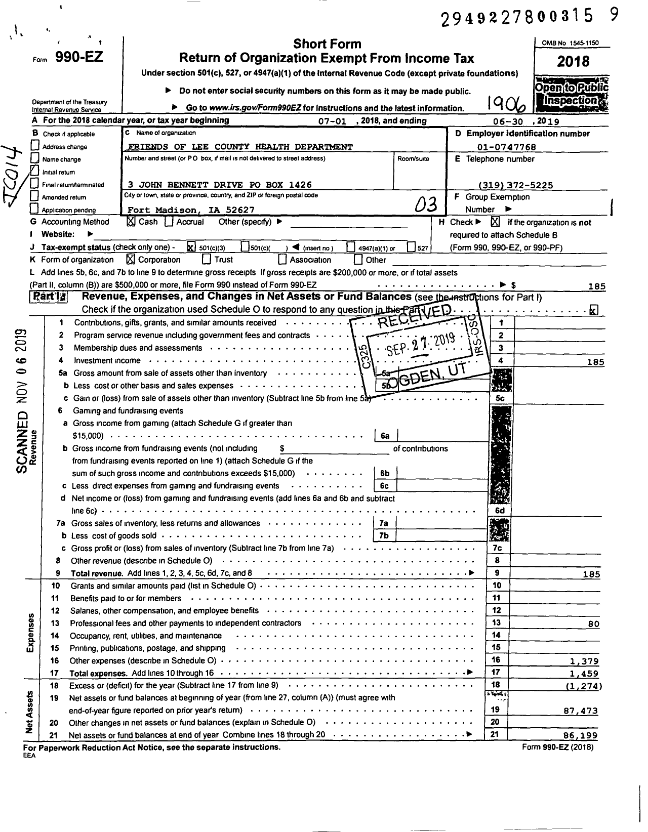 Image of first page of 2018 Form 990EZ for Friends of Lee County Health Dept