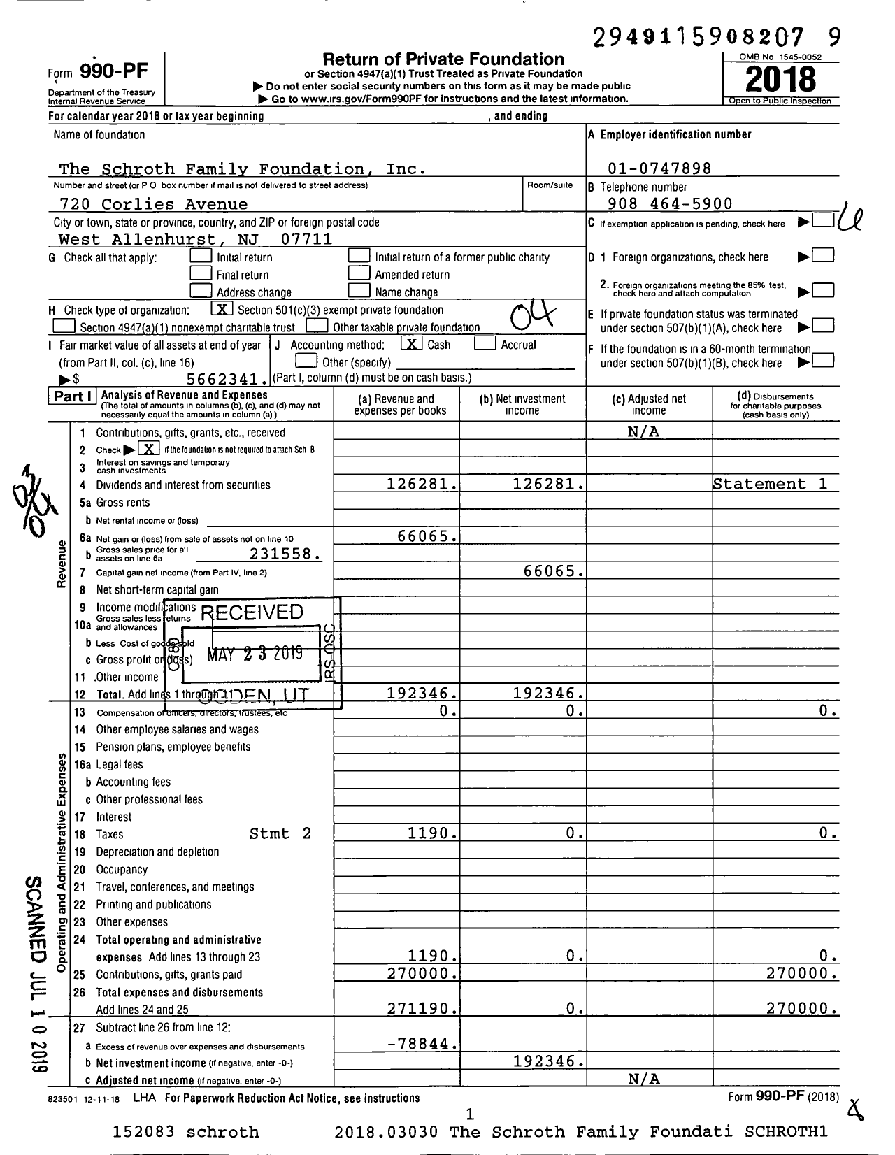 Image of first page of 2018 Form 990PF for The Schroth Family Foundation