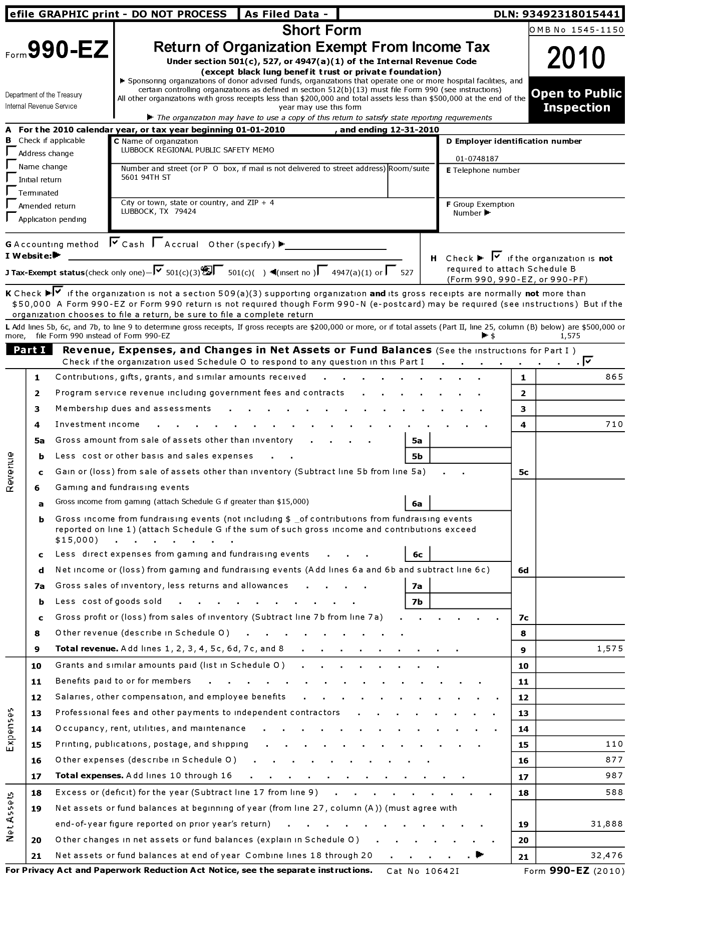 Image of first page of 2010 Form 990EZ for Lubbock Regional Public Safety Memorial Organization