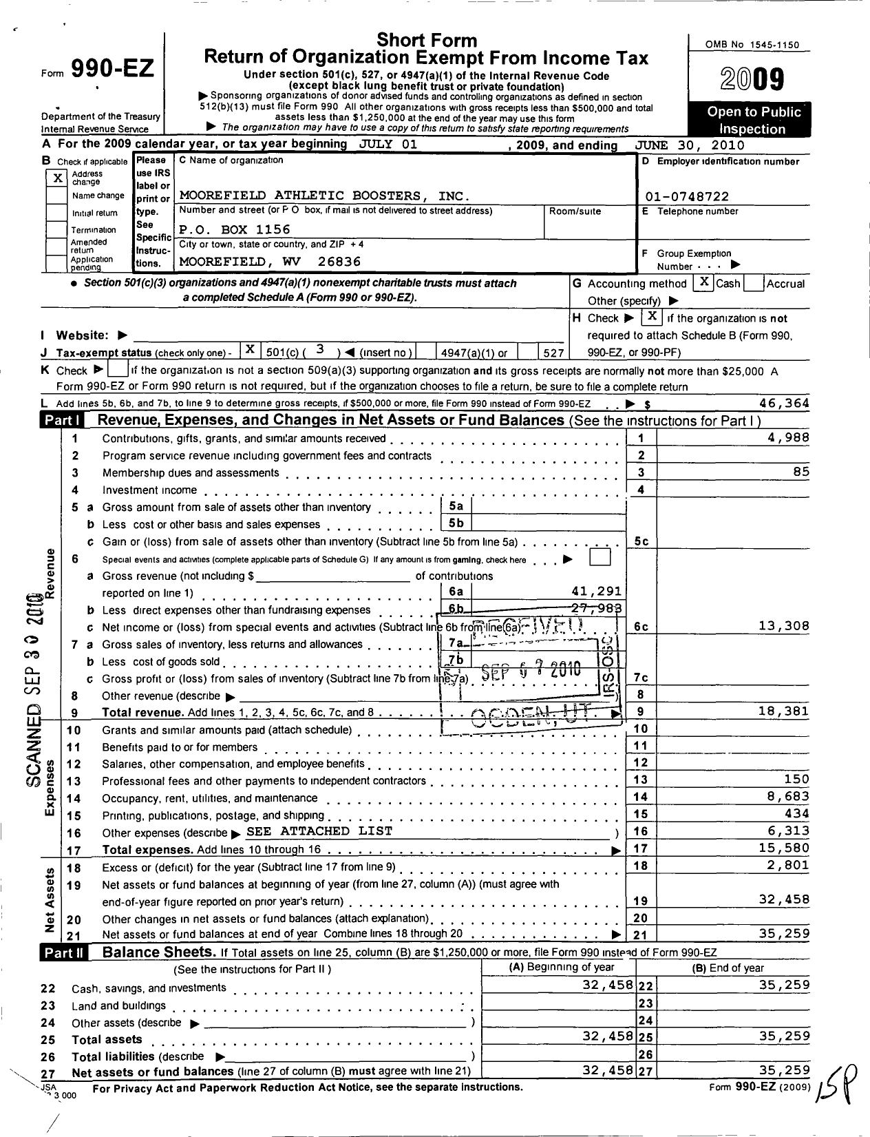 Image of first page of 2009 Form 990EZ for Moorefield Athletic Boosters