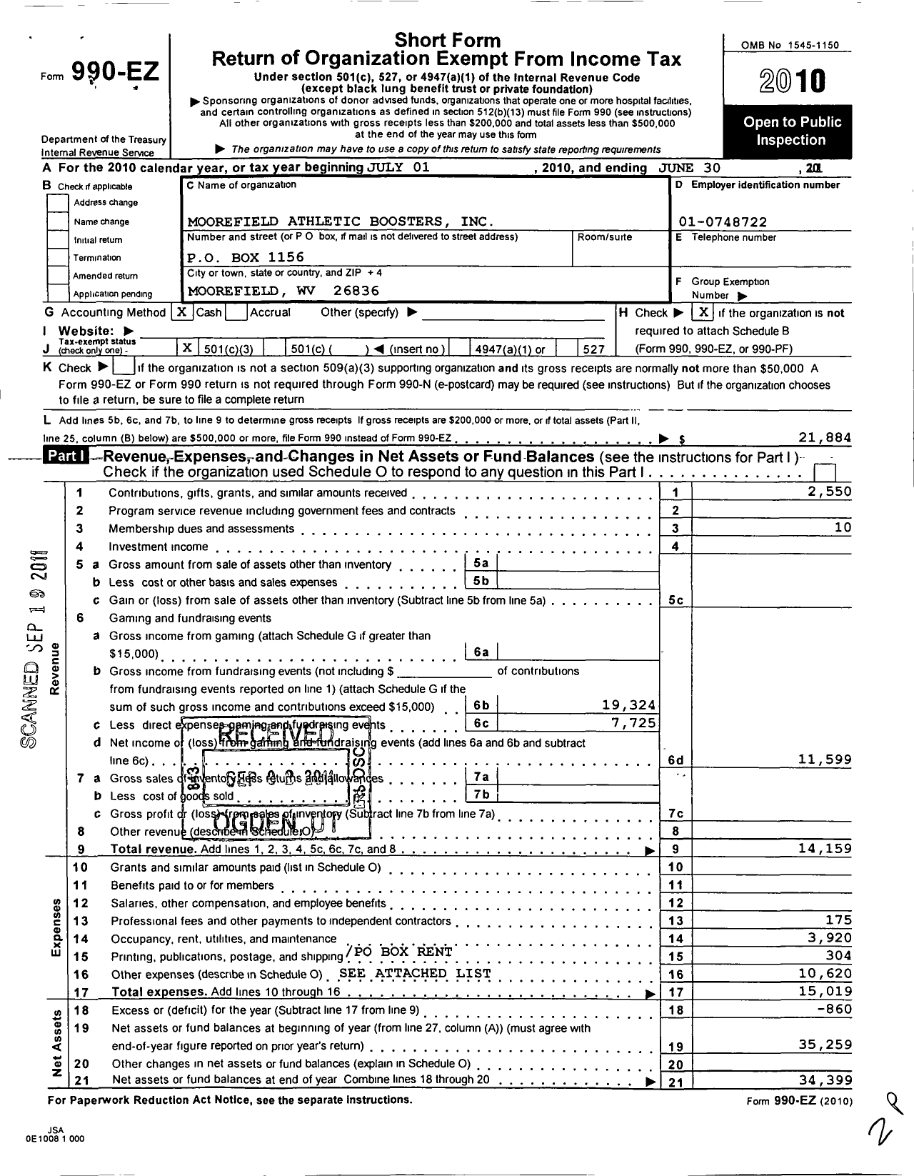Image of first page of 2010 Form 990EZ for Moorefield Athletic Boosters