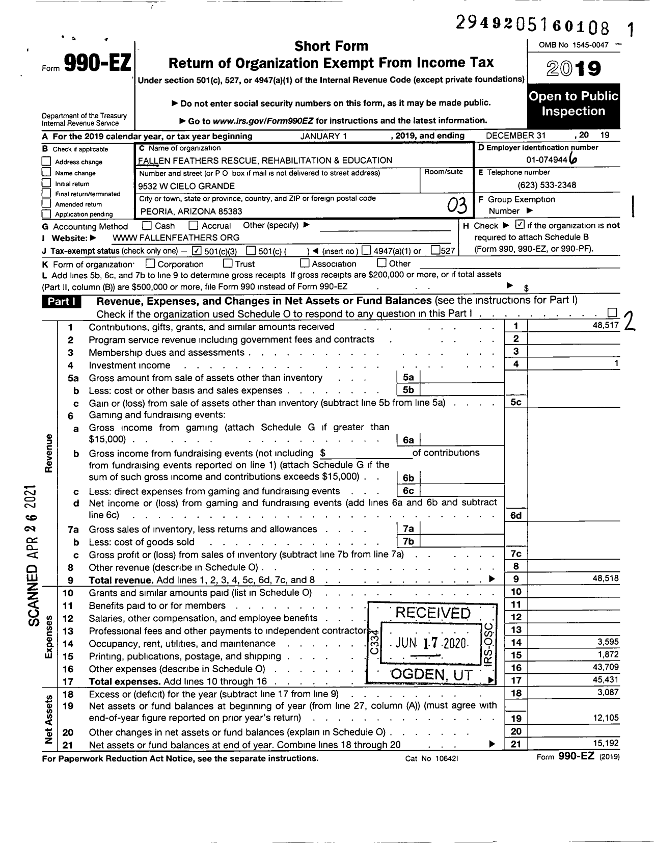 Image of first page of 2019 Form 990EZ for Fallen Feathers Rescue Rehabilitation and Education Corporation