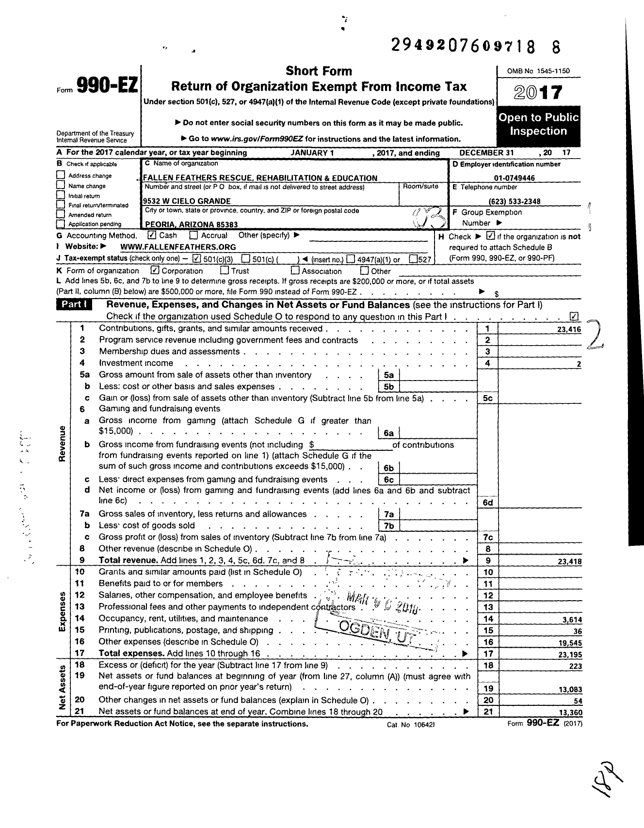 Image of first page of 2017 Form 990EZ for Fallen Feathers Rescue Rehabilitation and Education Corporation