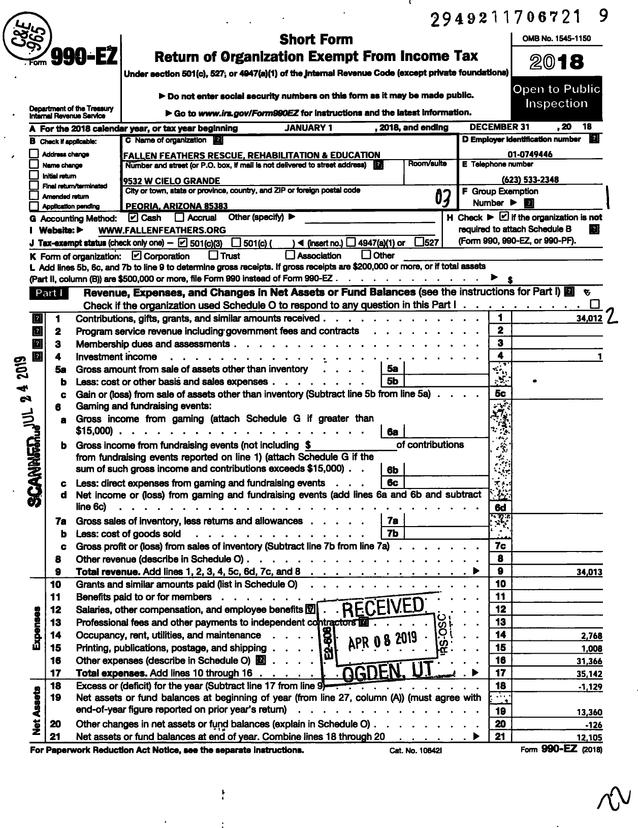 Image of first page of 2018 Form 990EZ for Fallen Feathers Rescue Rehabilitation and Education Corporation