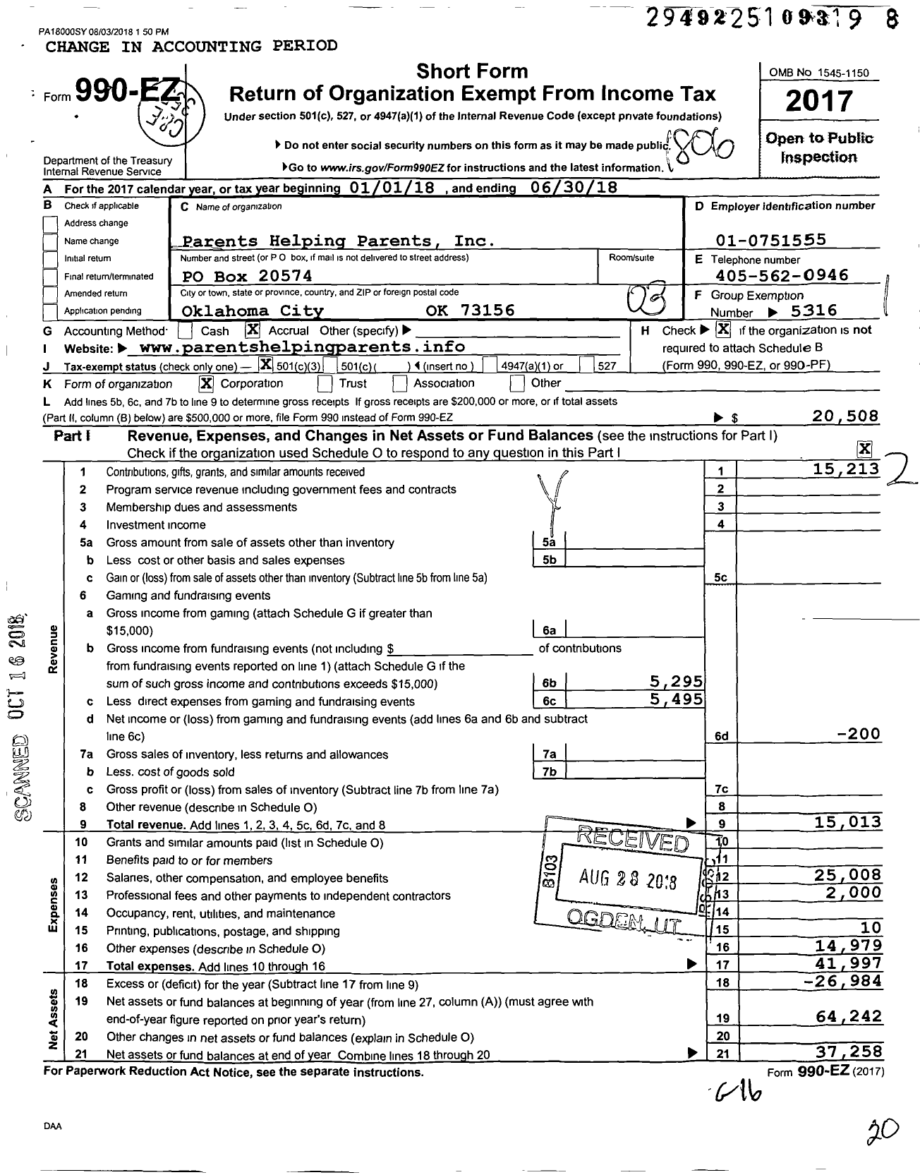 Image of first page of 2017 Form 990EZ for Parents Helping Parents