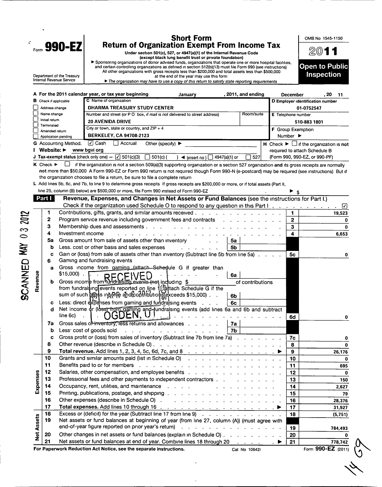 Image of first page of 2011 Form 990EZ for Dharma Treasury Study Center