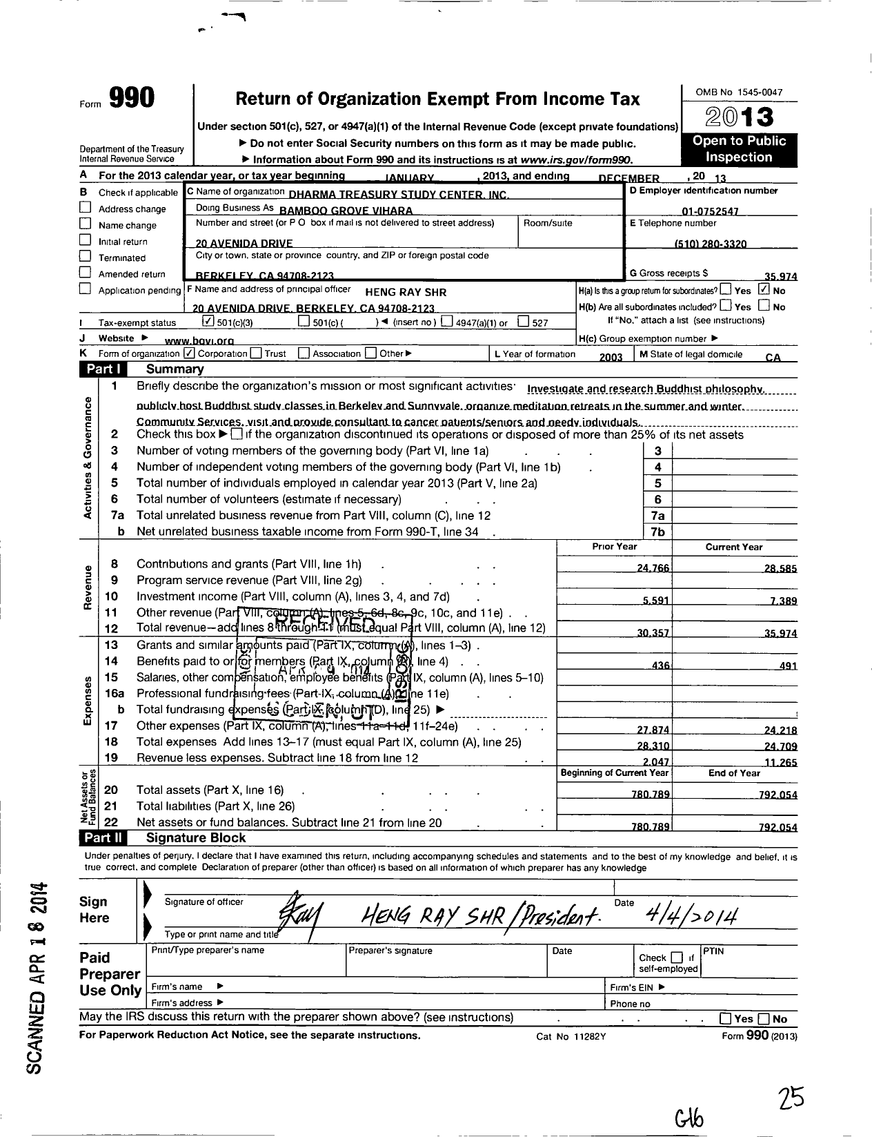 Image of first page of 2013 Form 990 for Dharma Treasury Study Center