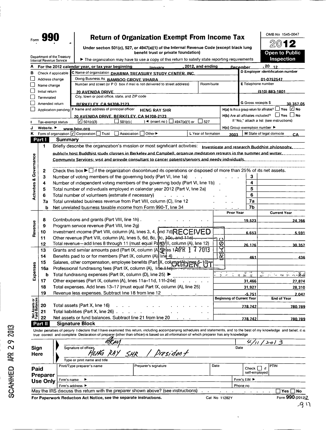 Image of first page of 2012 Form 990 for Dharma Treasury Study Center