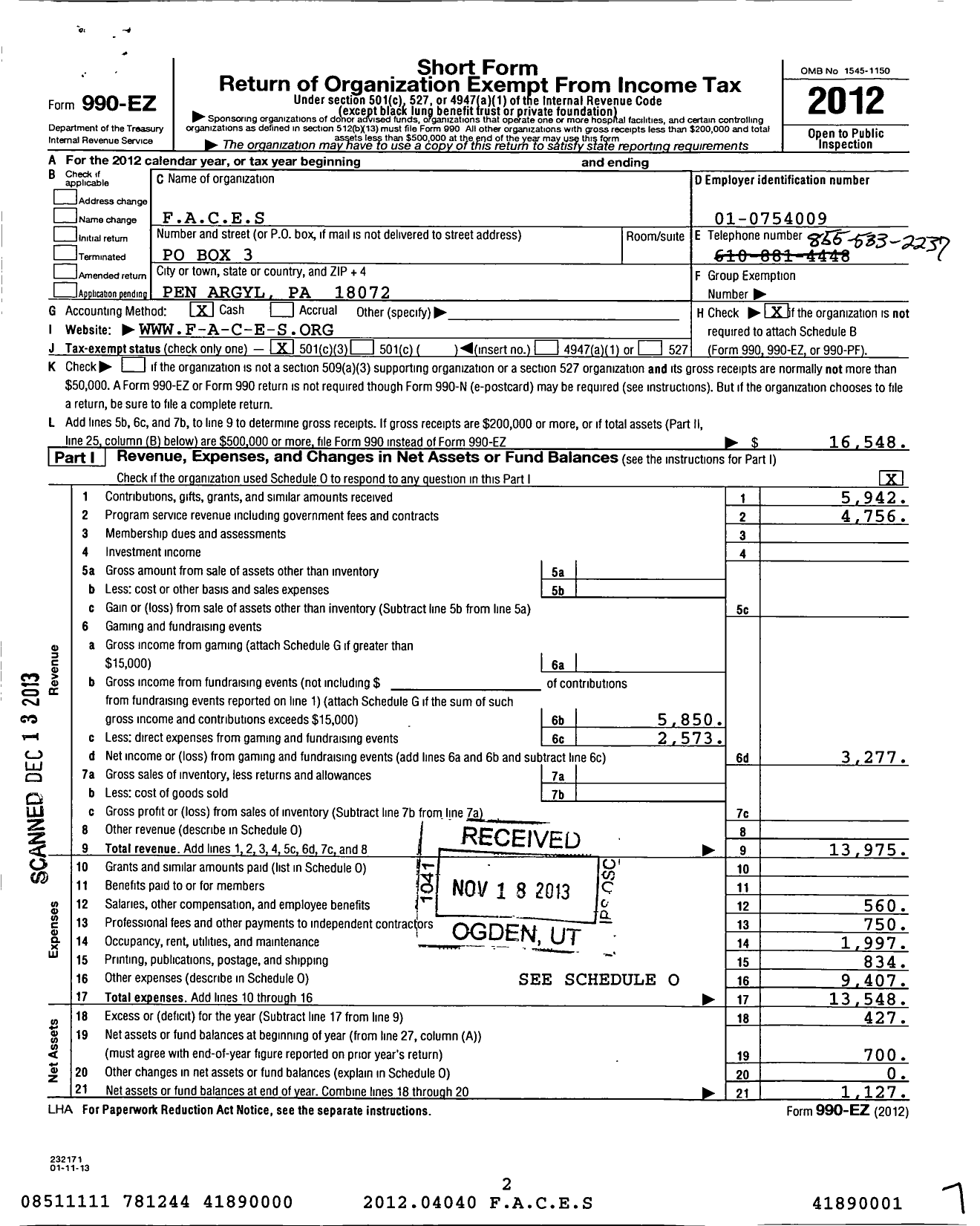 Image of first page of 2012 Form 990EZ for F A C E S Faith Accountability Community Education and Services