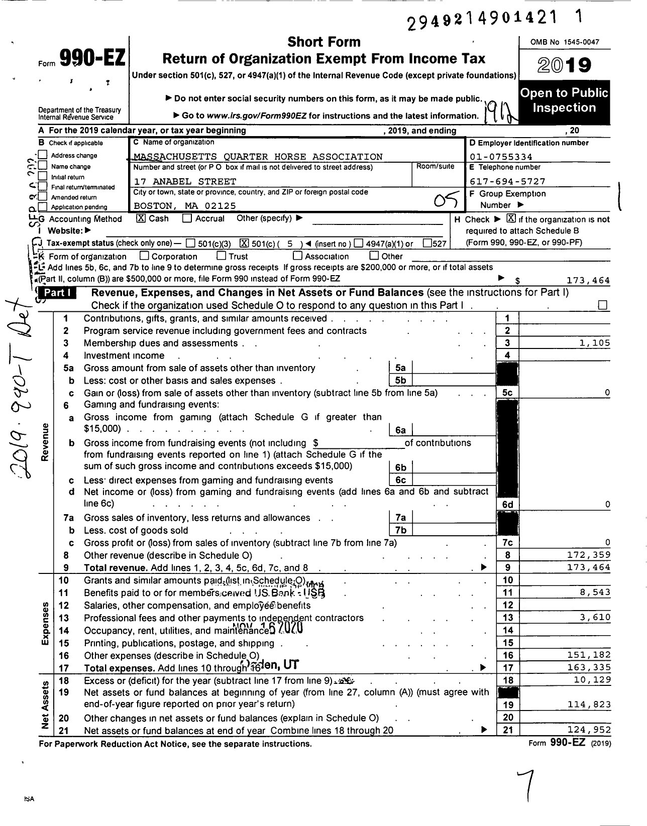 Image of first page of 2019 Form 990EO for Massachusetts Quarter Horse Association Corporation
