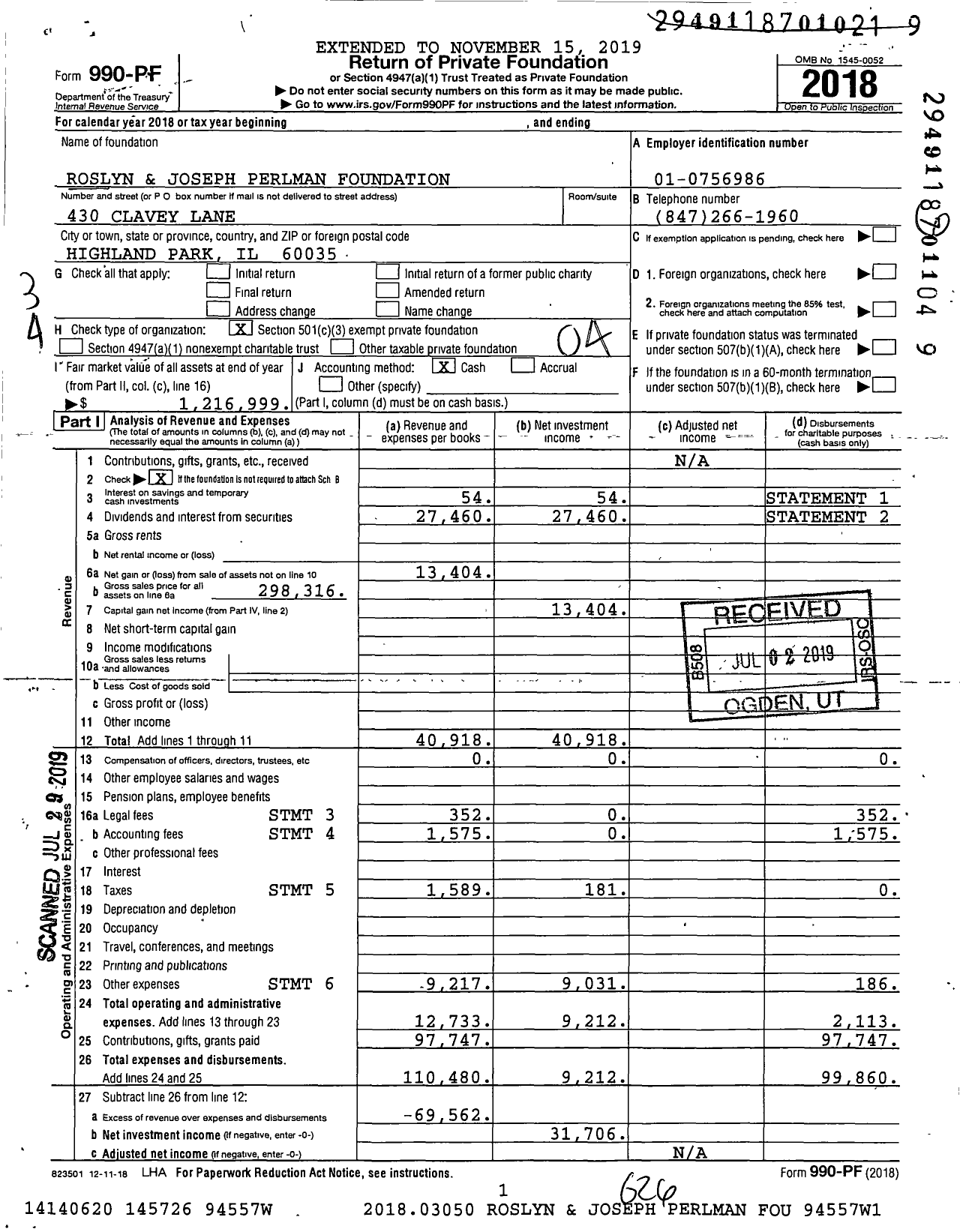 Image of first page of 2018 Form 990PF for Roslyn and Joseph Perlman Foundation