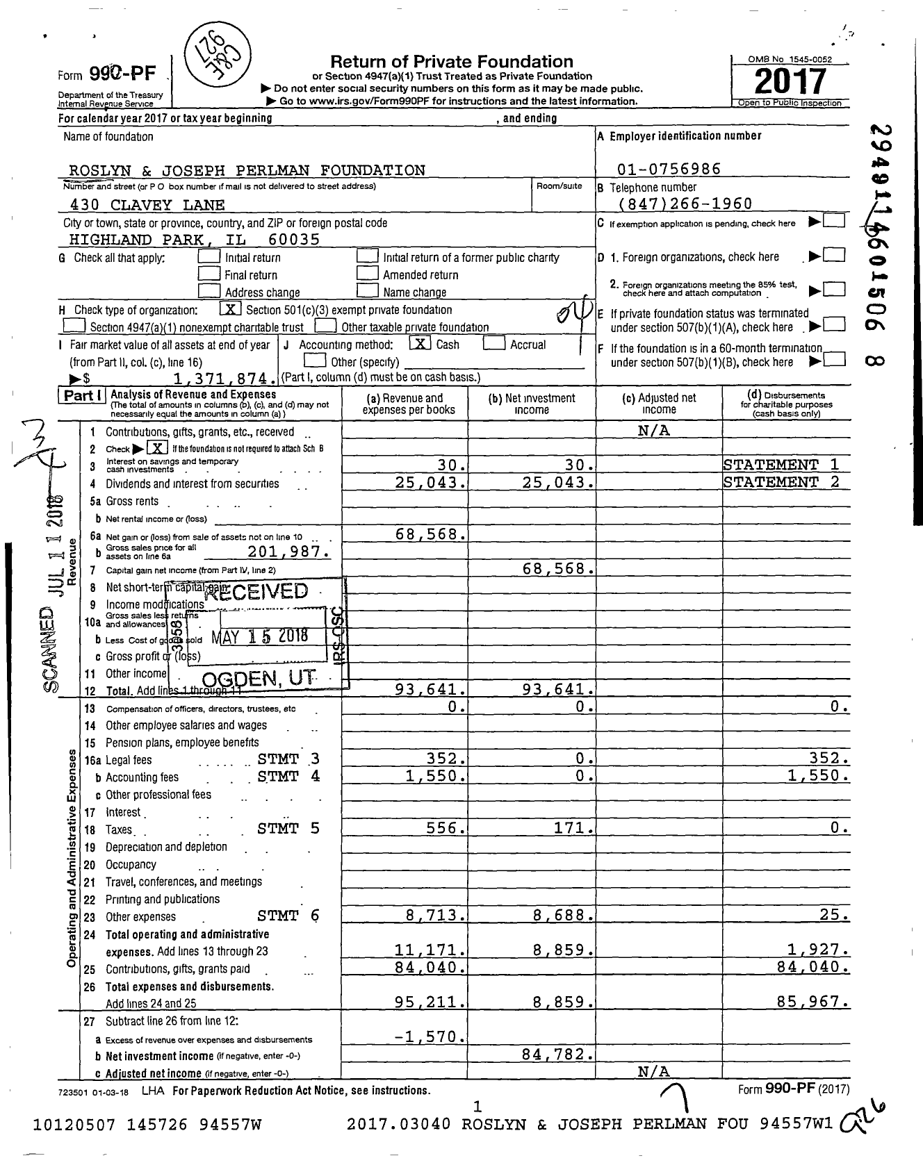 Image of first page of 2017 Form 990PF for Roslyn and Joseph Perlman Foundation