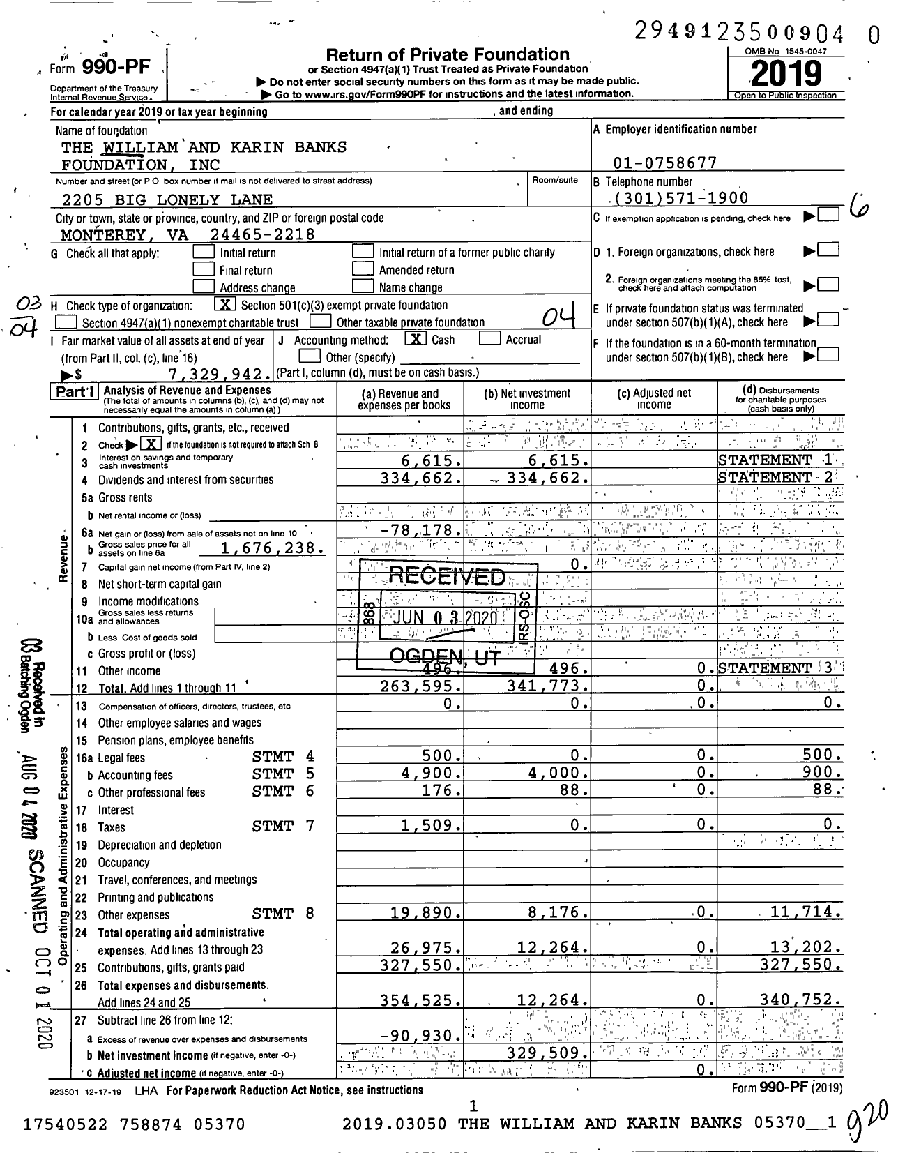 Image of first page of 2019 Form 990PR for The William and Karin Banks Foundation