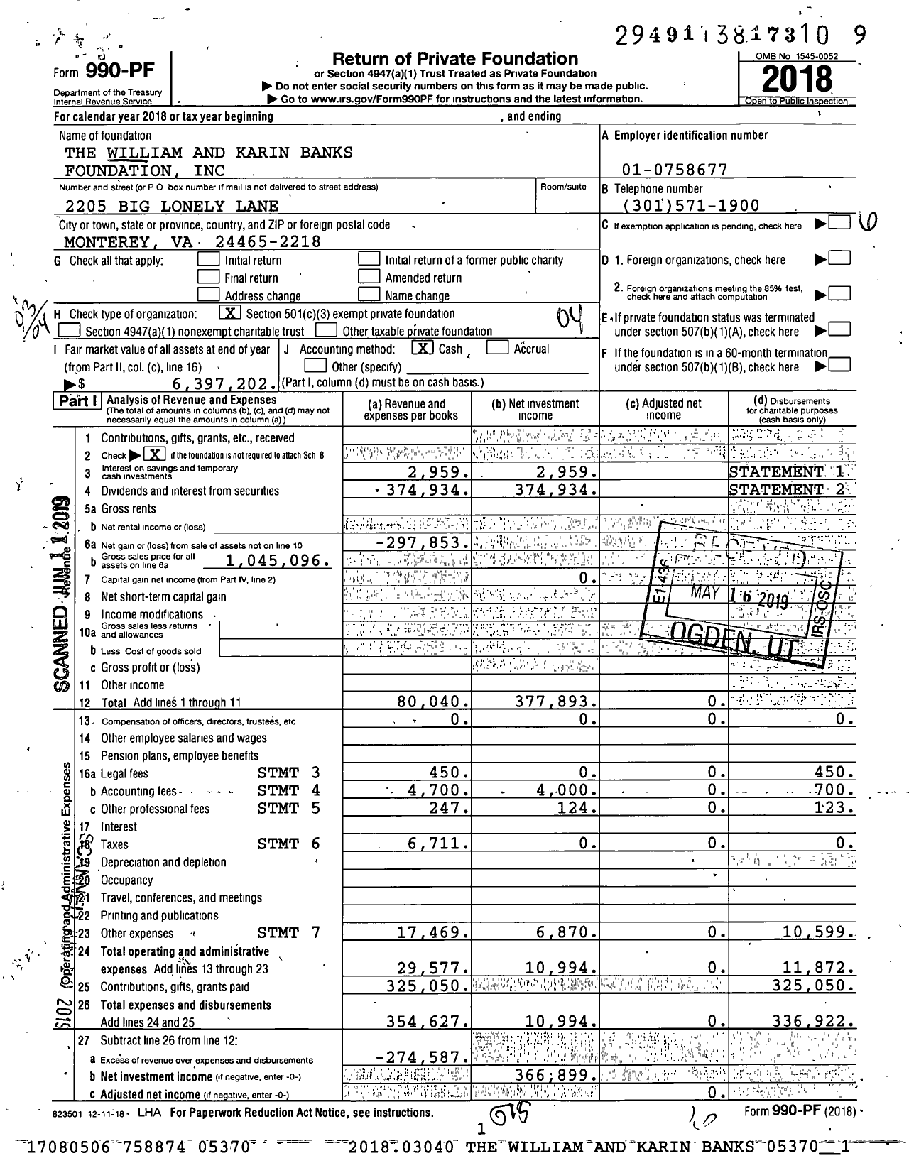 Image of first page of 2018 Form 990PF for The William and Karin Banks Foundation