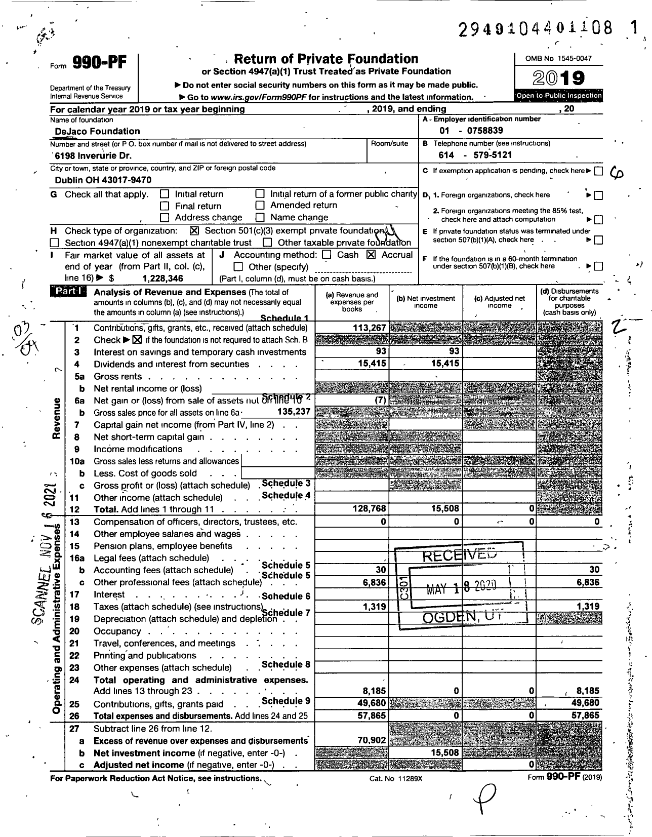 Image of first page of 2019 Form 990PF for Dejaco Foundation