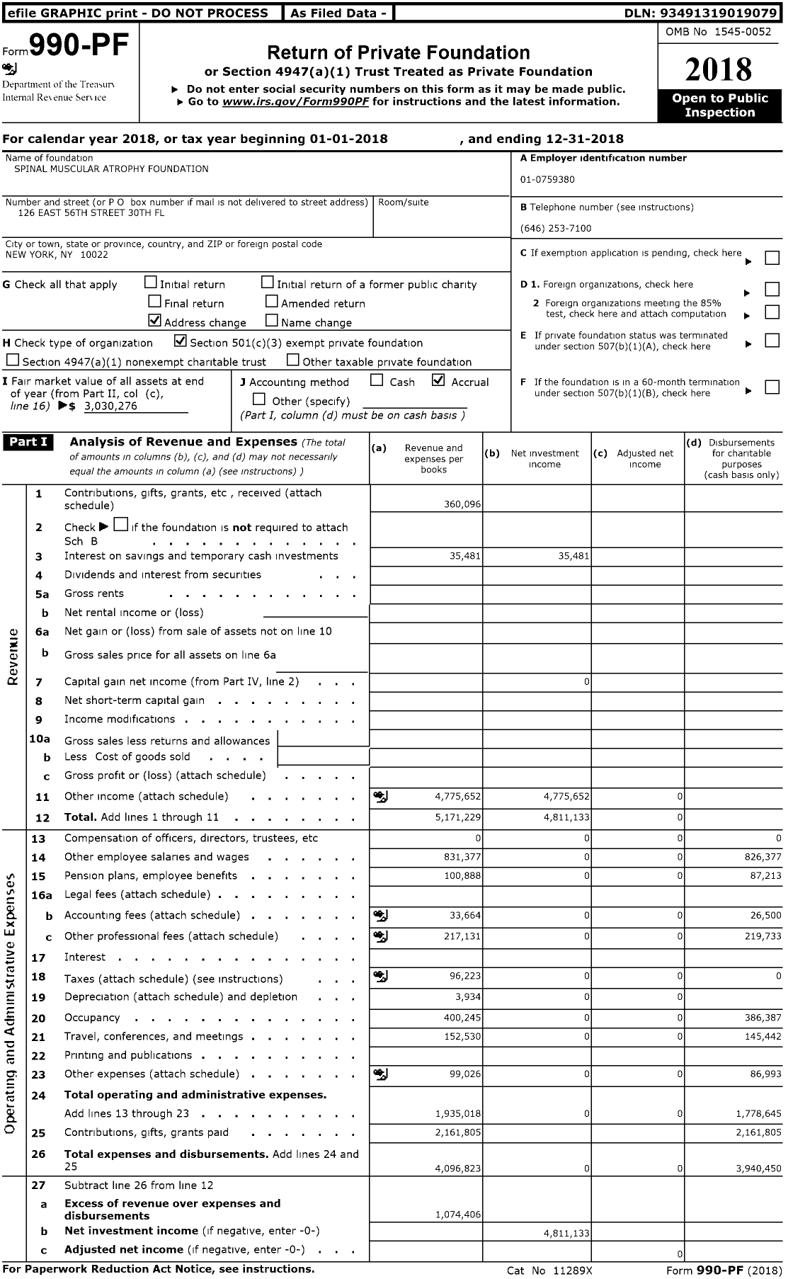 Image of first page of 2018 Form 990PF for Spinal Muscular Atrophy Foundation