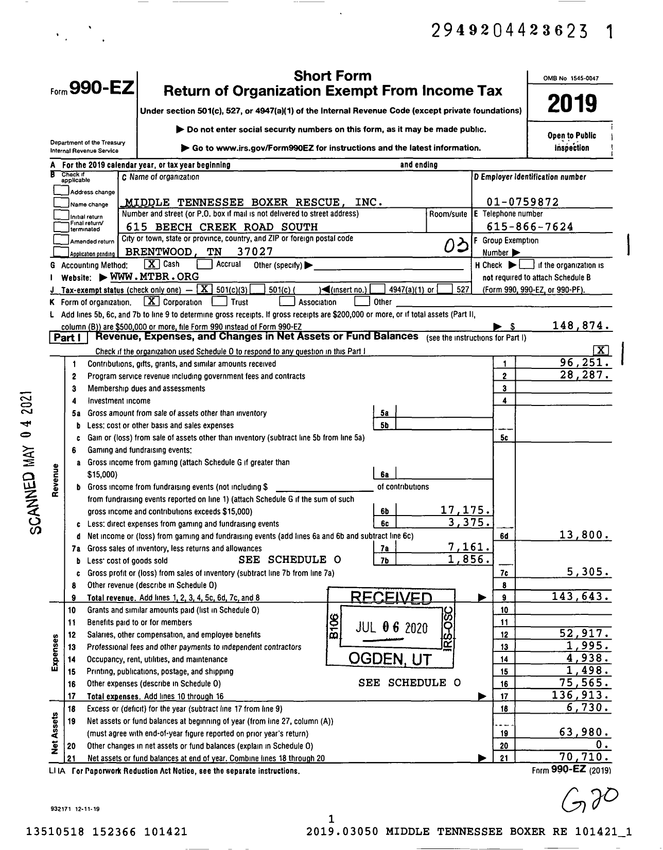 Image of first page of 2019 Form 990EZ for Middle Tennessee Boxer Rescue