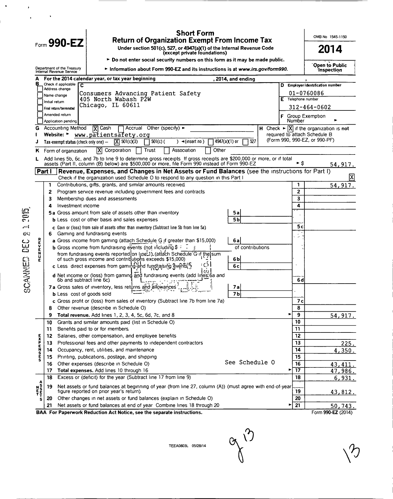 Image of first page of 2014 Form 990EZ for Consumers Advancing Patient Safety