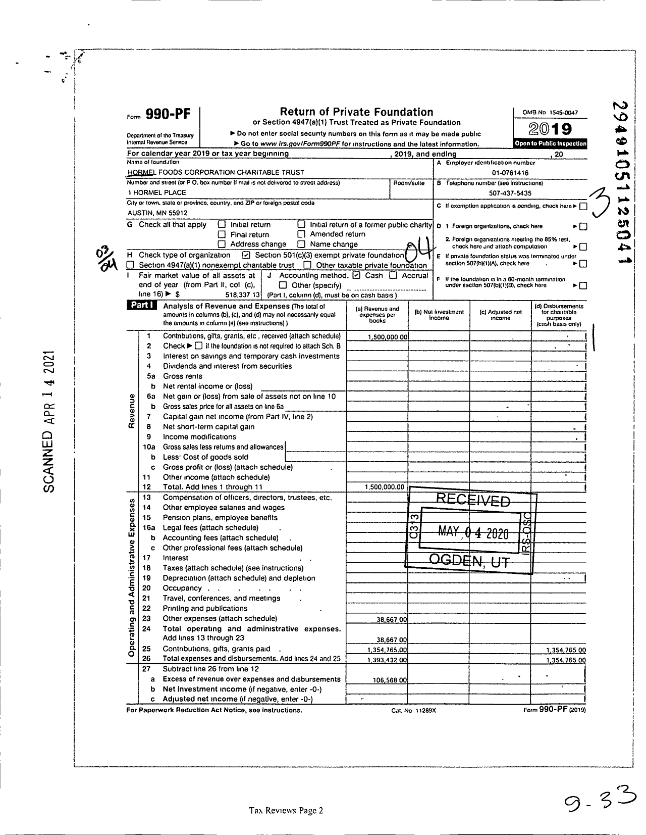 Image of first page of 2019 Form 990PF for Hormel Foods Corporation Charitable Trust