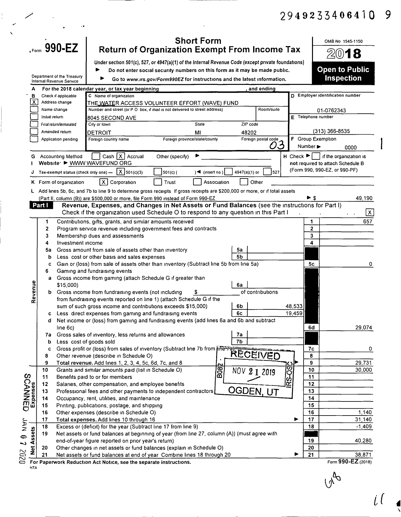 Image of first page of 2018 Form 990EZ for Water Access Volunteer Effort Fund Wave Fund