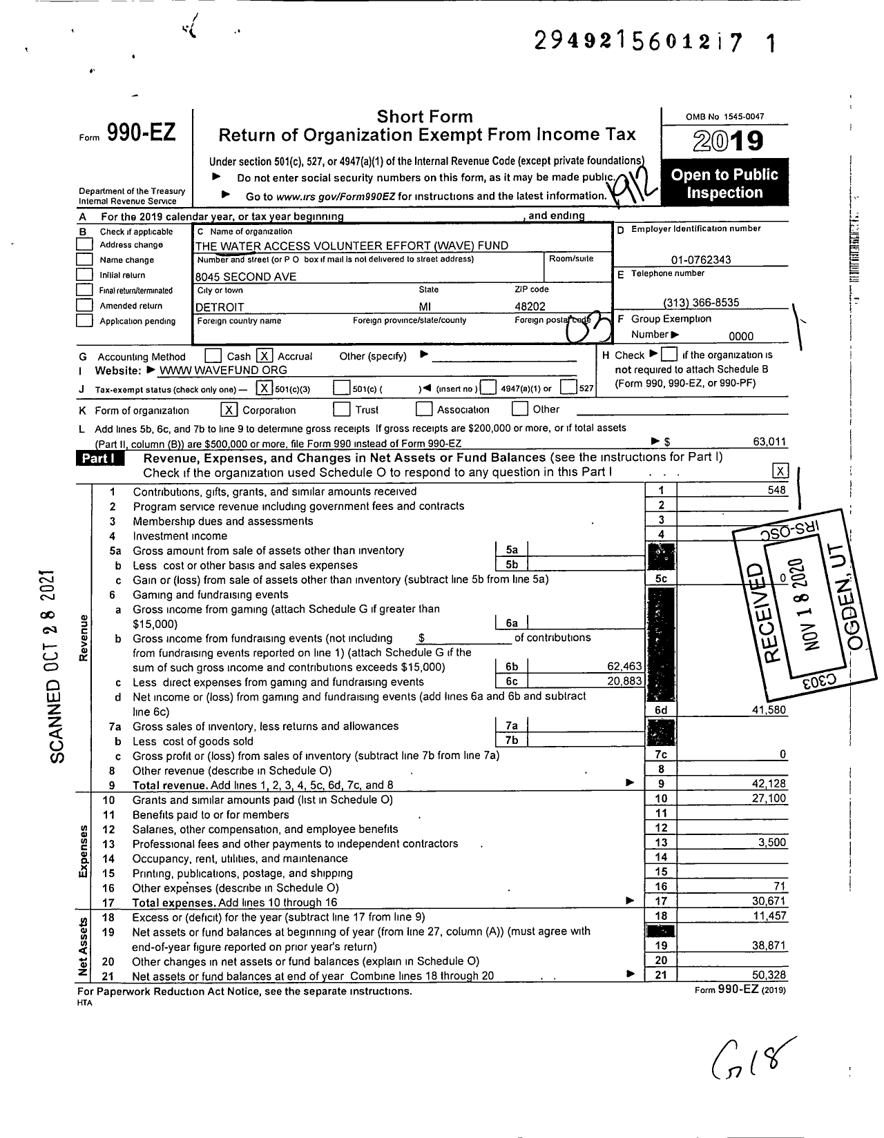 Image of first page of 2019 Form 990EZ for Water Access Volunteer Effort Fund Wave Fund