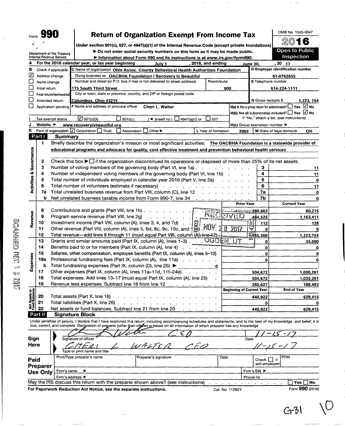 Image of first page of 2016 Form 990 for Oacbha Foundation