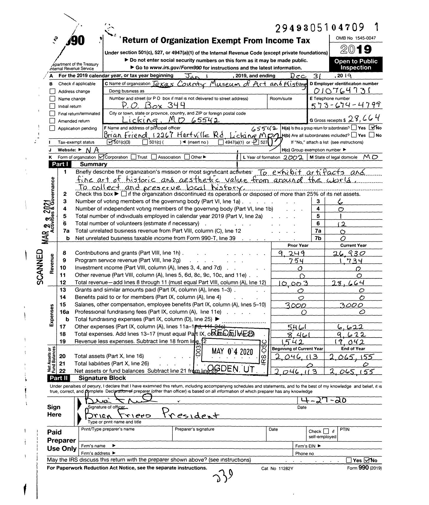 Image of first page of 2019 Form 990 for Texas County Museum of Art and History