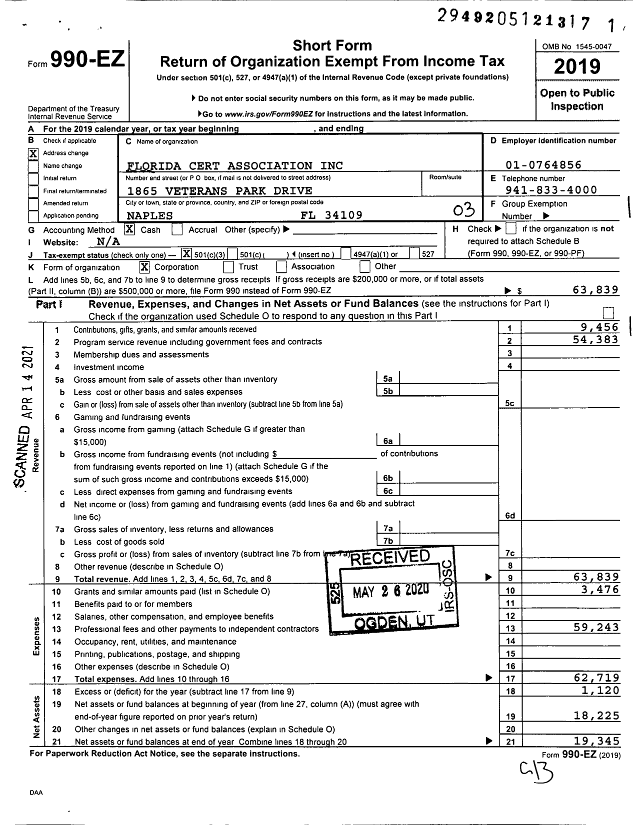 Image of first page of 2019 Form 990EZ for Florida Cert Association