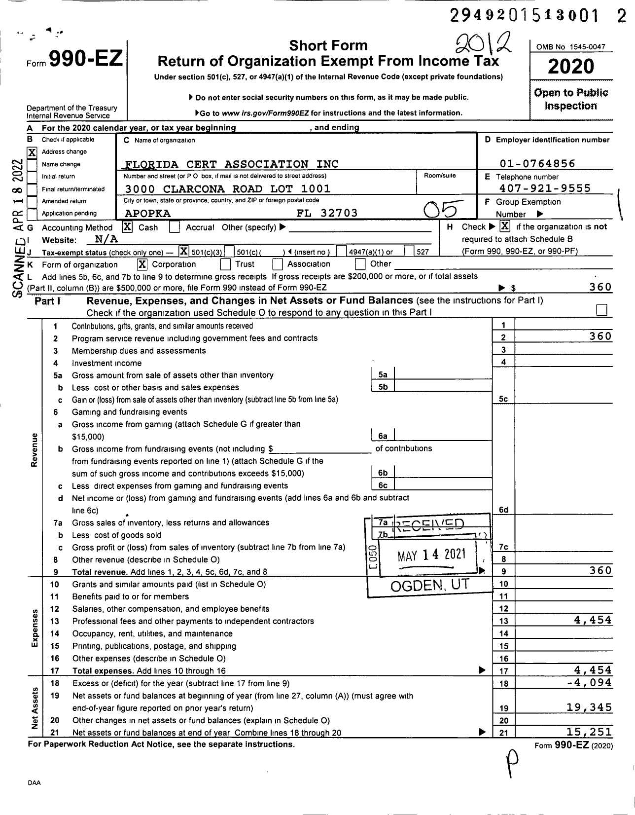 Image of first page of 2020 Form 990EO for Florida Cert Association