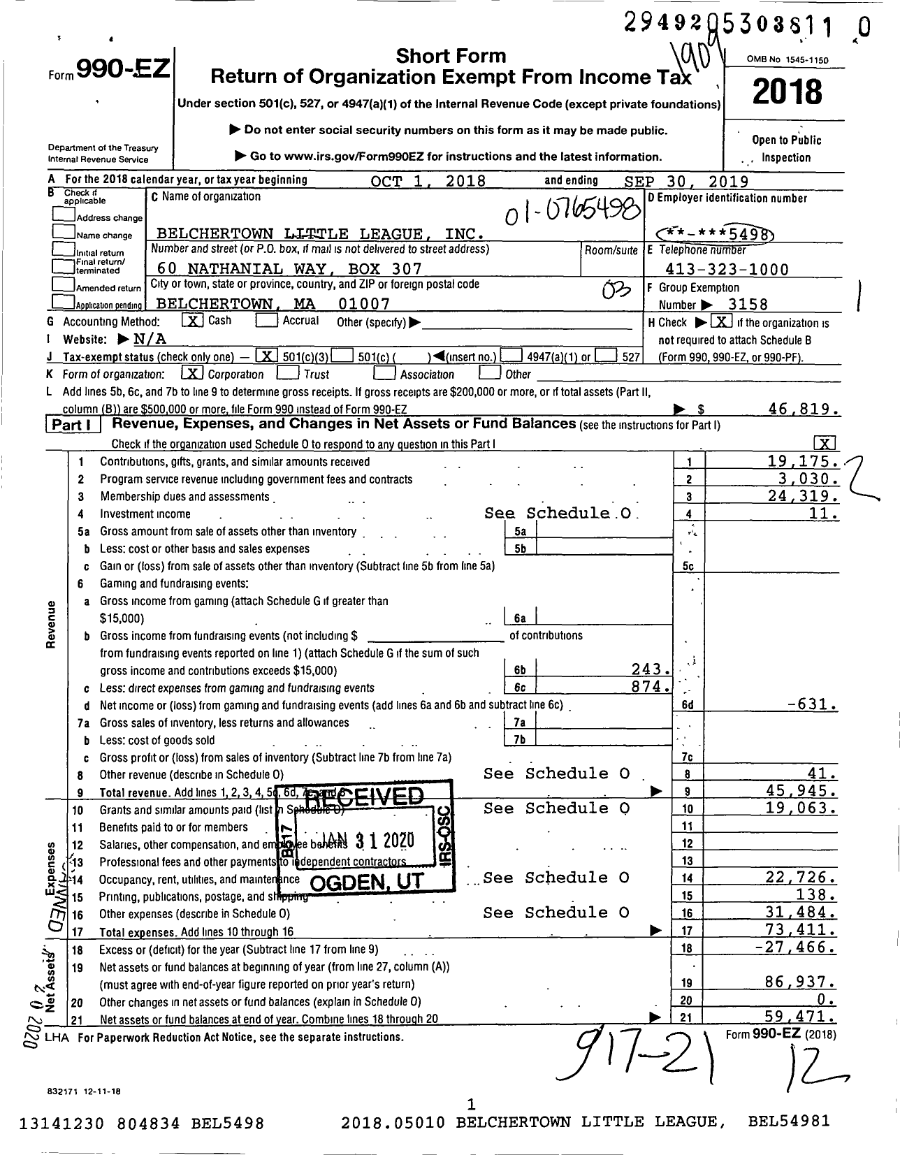 Image of first page of 2018 Form 990EZ for Little League Baseball - 148007 Belchertown LL